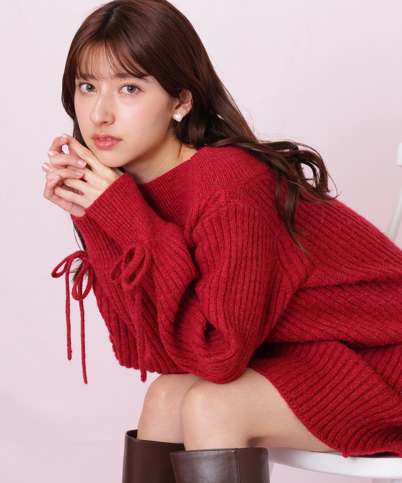 袖リボンニットワンピース