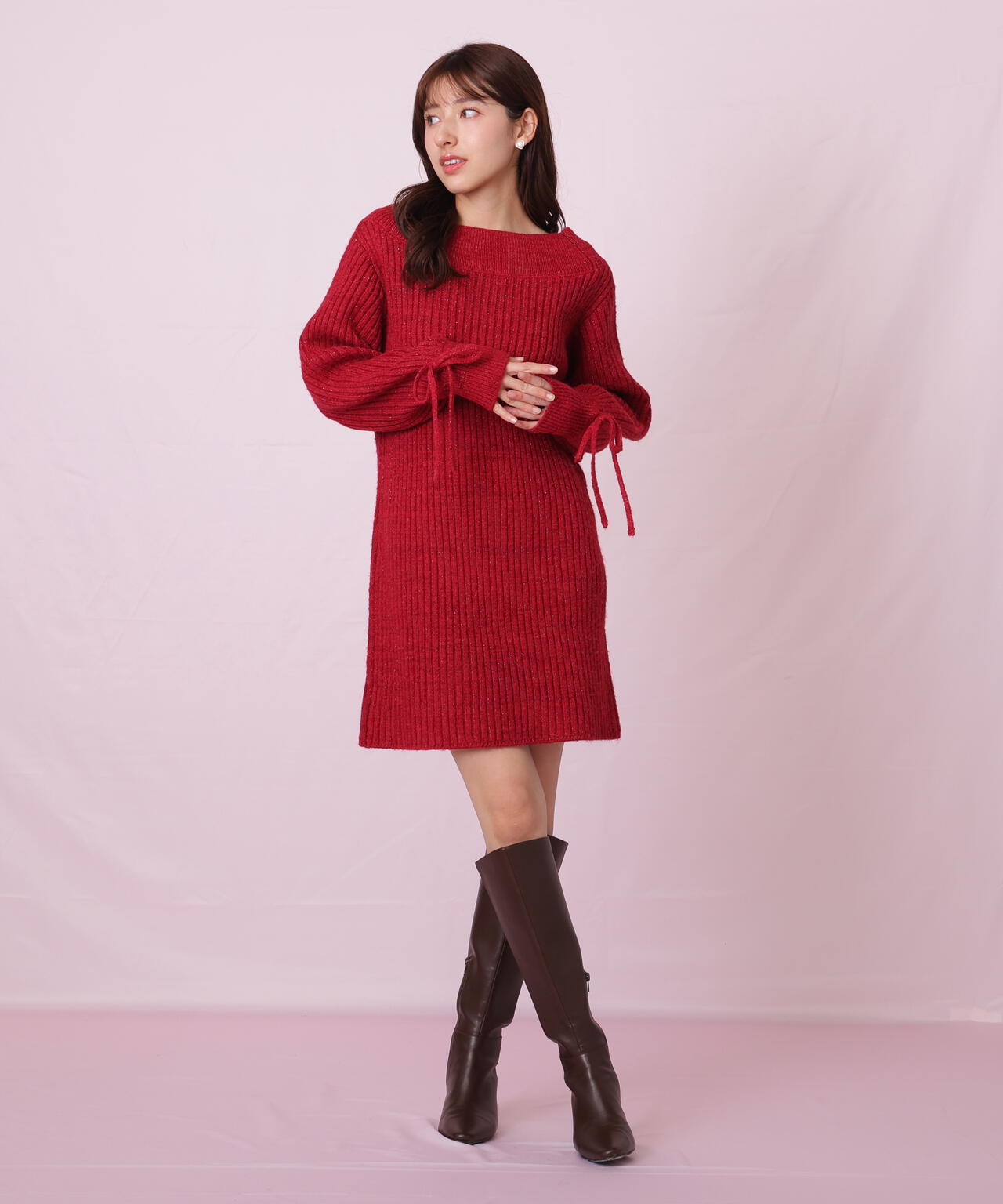 袖リボンニットワンピース