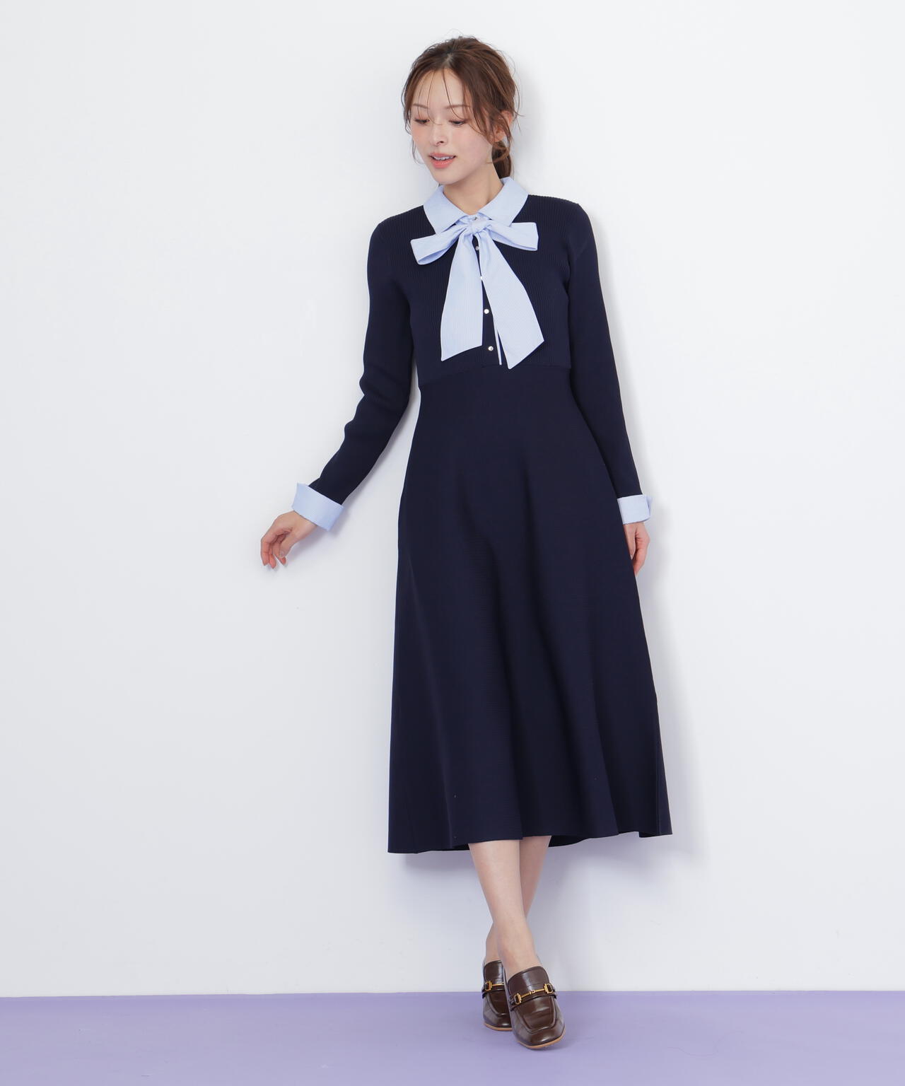 シャツ襟ドッキングニットワンピース