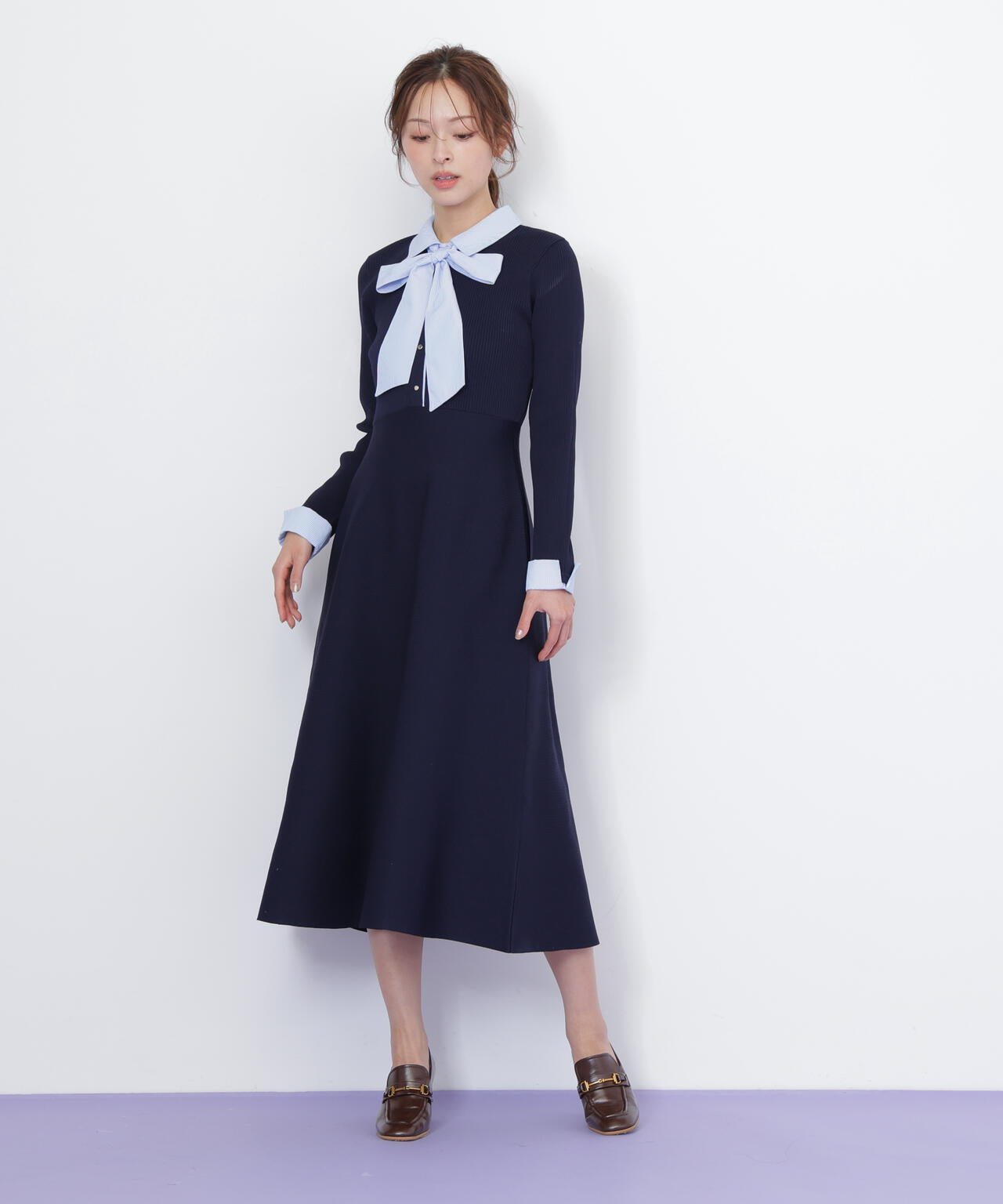 シャツ襟ドッキングニットワンピース