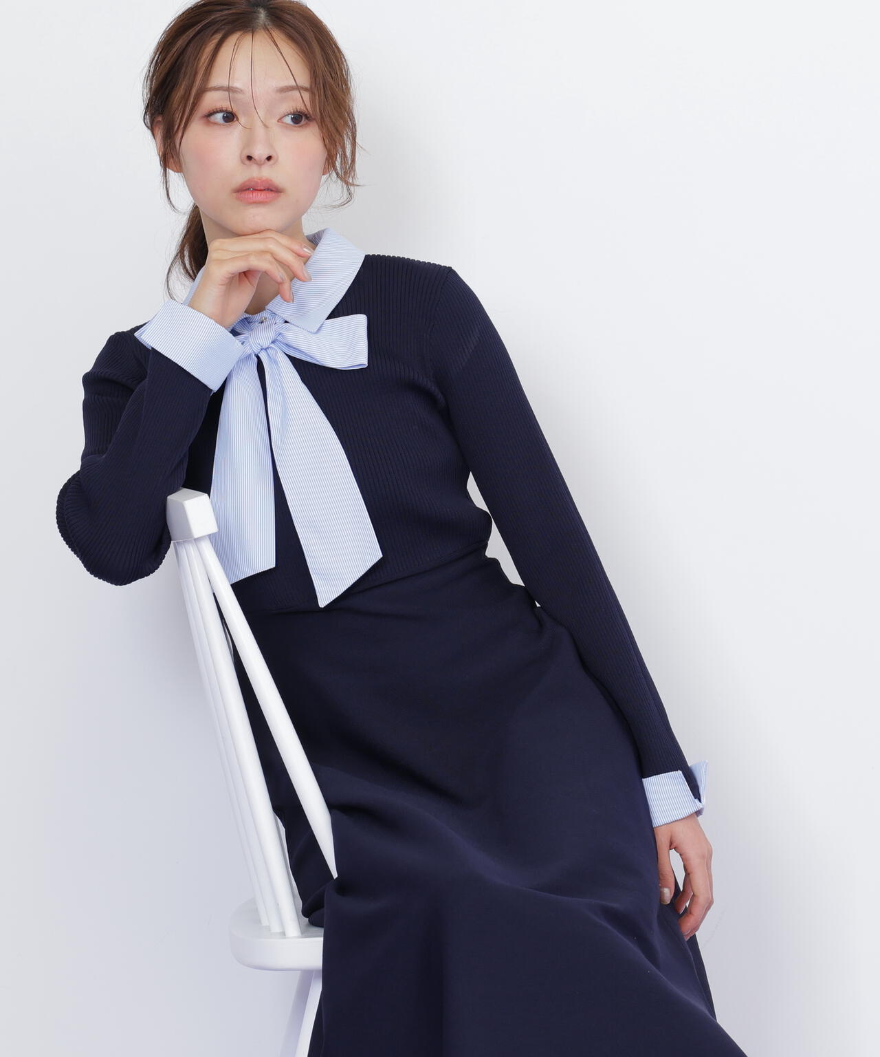 シャツ襟ドッキングニットワンピース