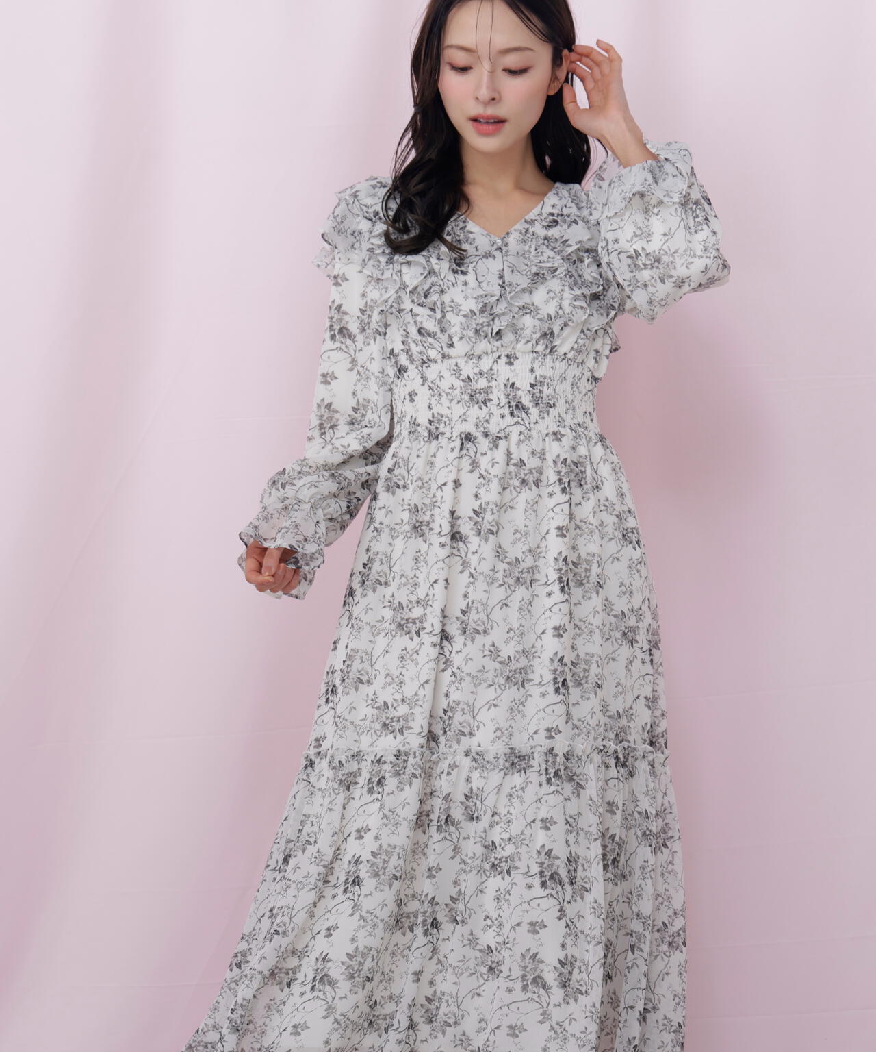 花柄ボリュームフリルワンピース