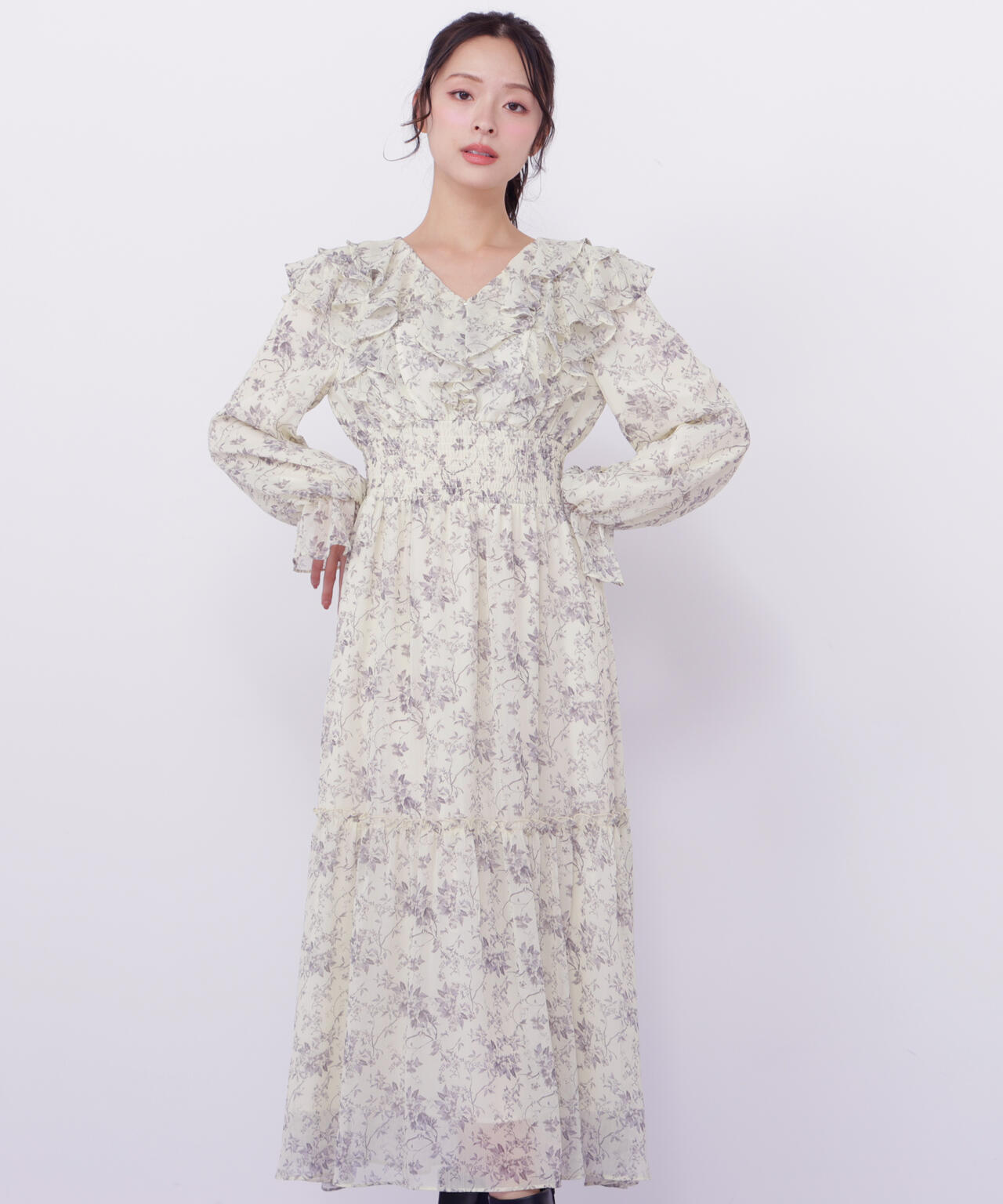 花柄ボリュームフリルワンピース