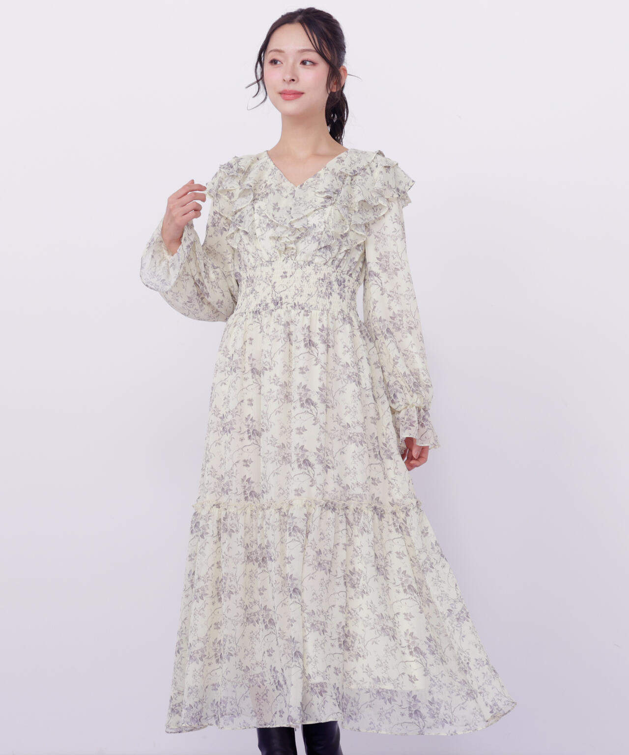 花柄ボリュームフリルワンピース