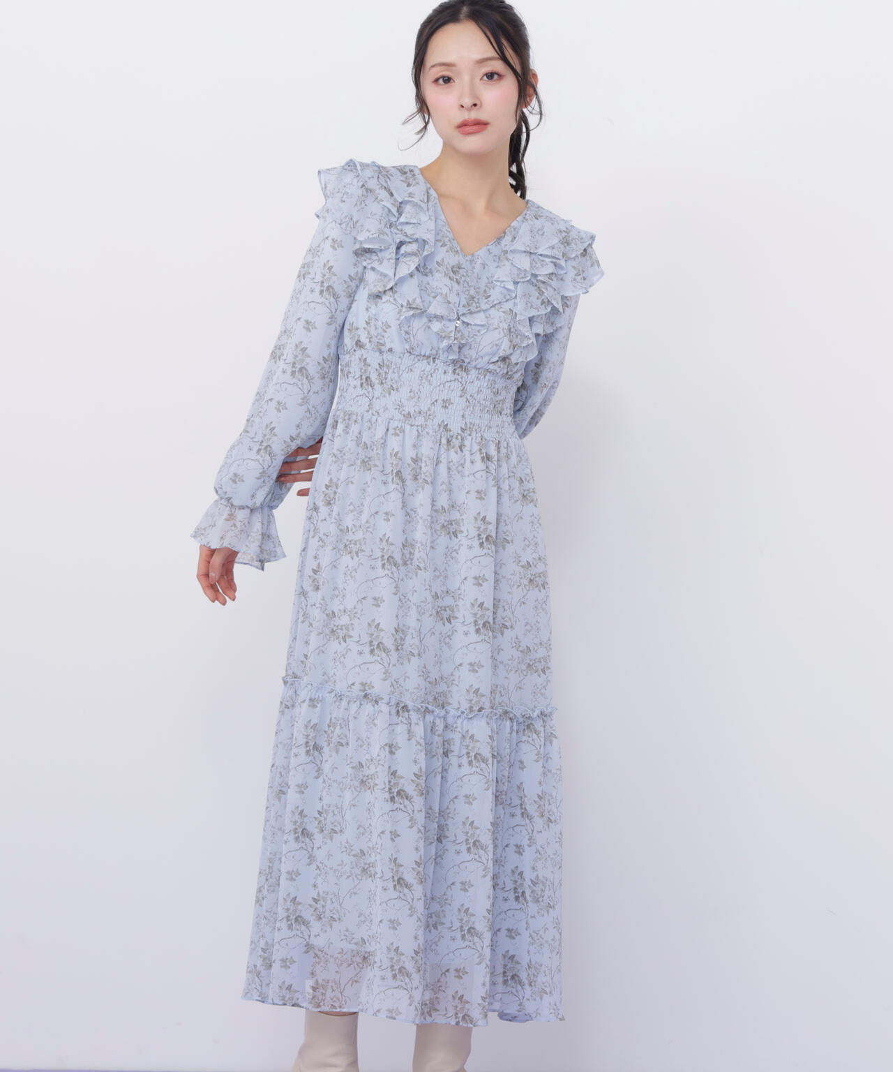 花柄ボリュームフリルワンピース