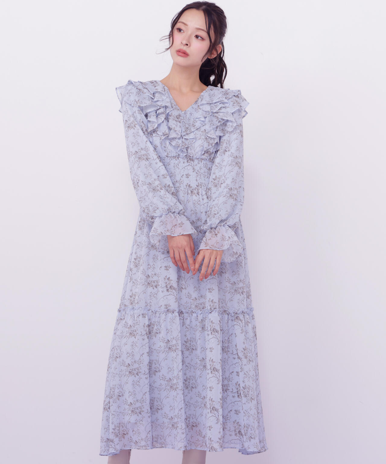 花柄ボリュームフリルワンピース