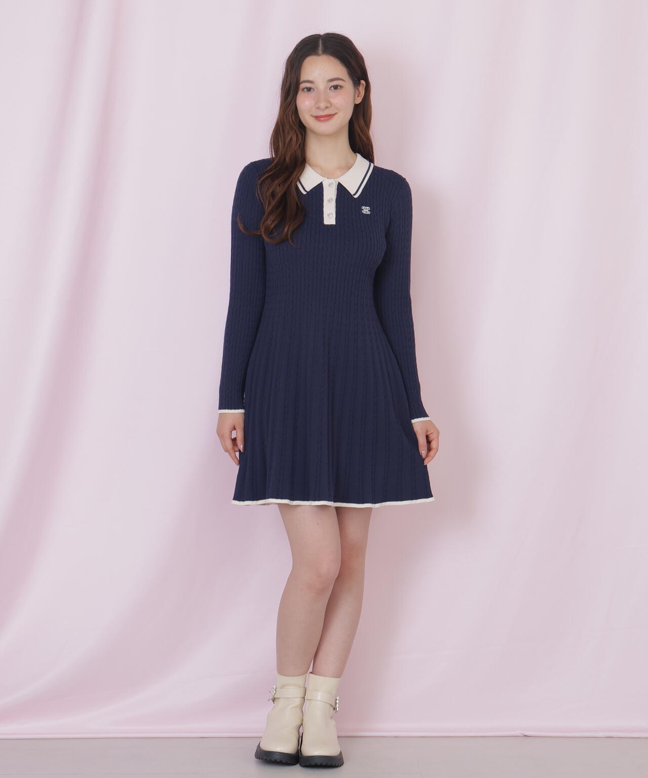 ポロ襟ケーブルミニワンピース