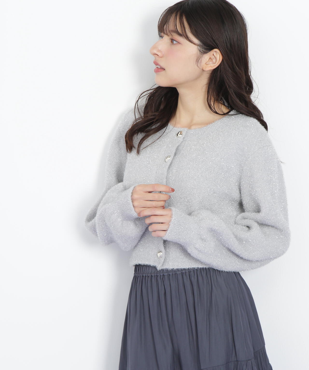ハートボタンラメフェザーカーディガン