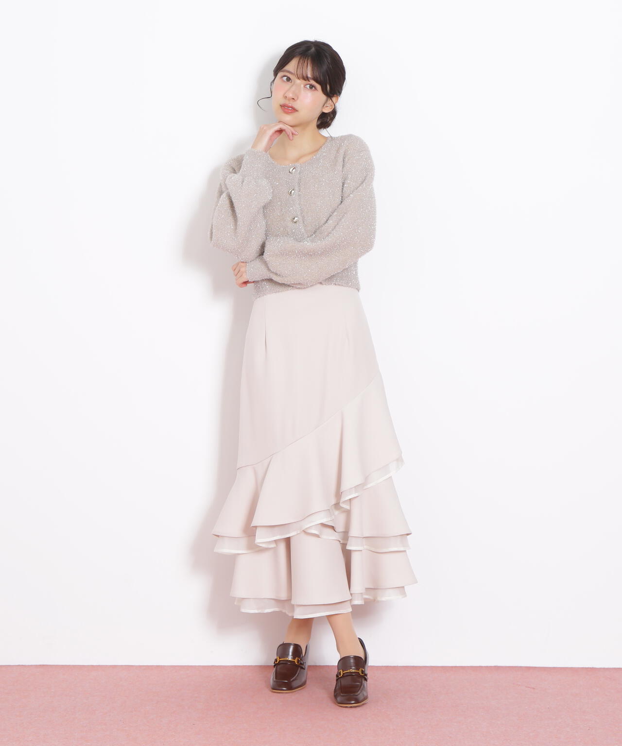 ハートボタンラメフェザーカーディガン