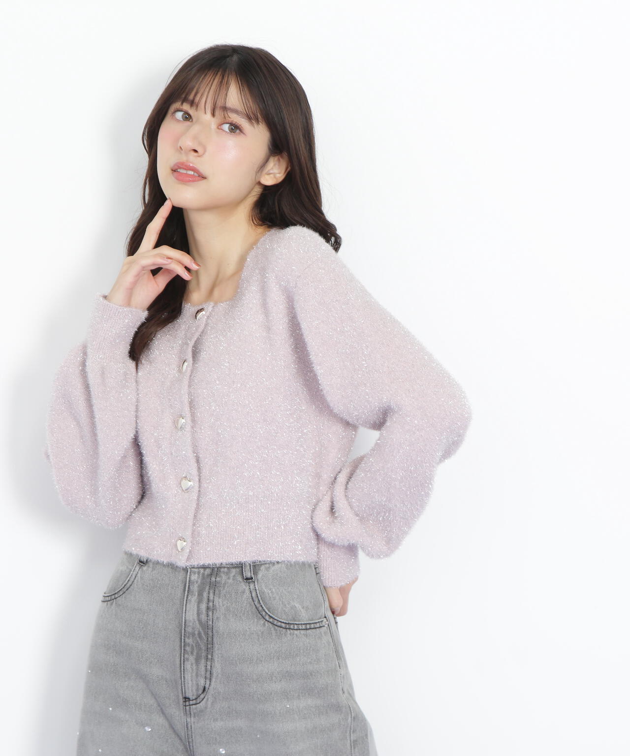 ハートボタンラメフェザーカーディガン