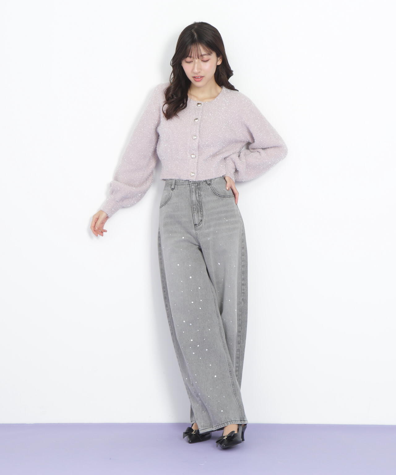 ハートボタンラメフェザーカーディガン