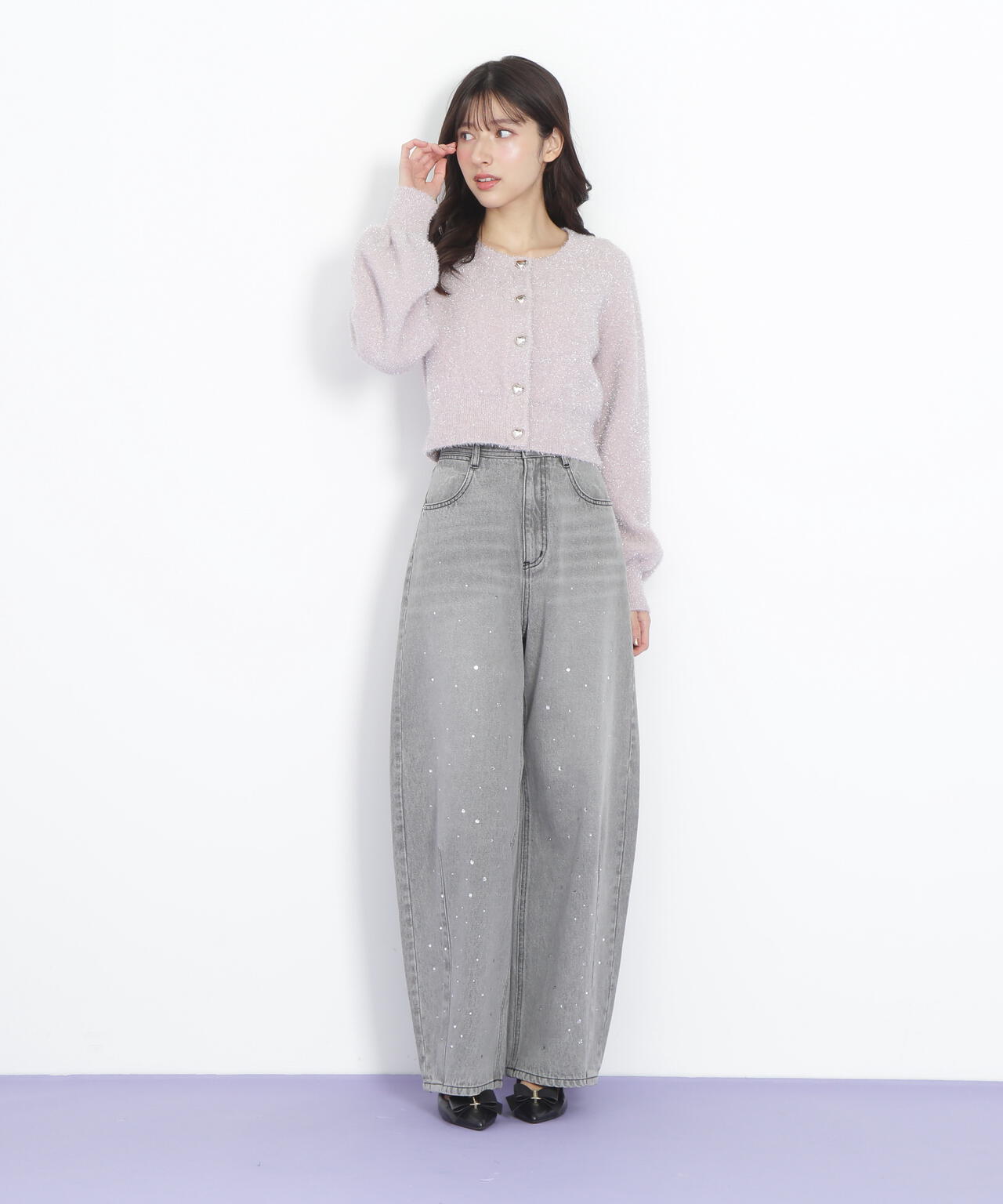 ハートボタンラメフェザーカーディガン