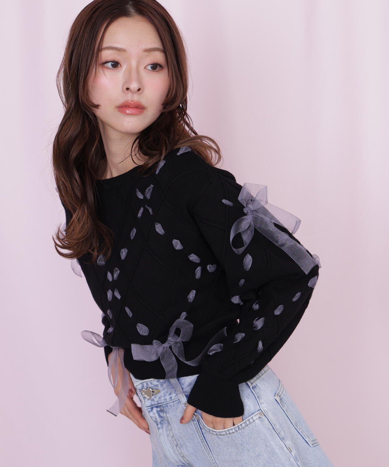 ダイヤ柄リボンニット