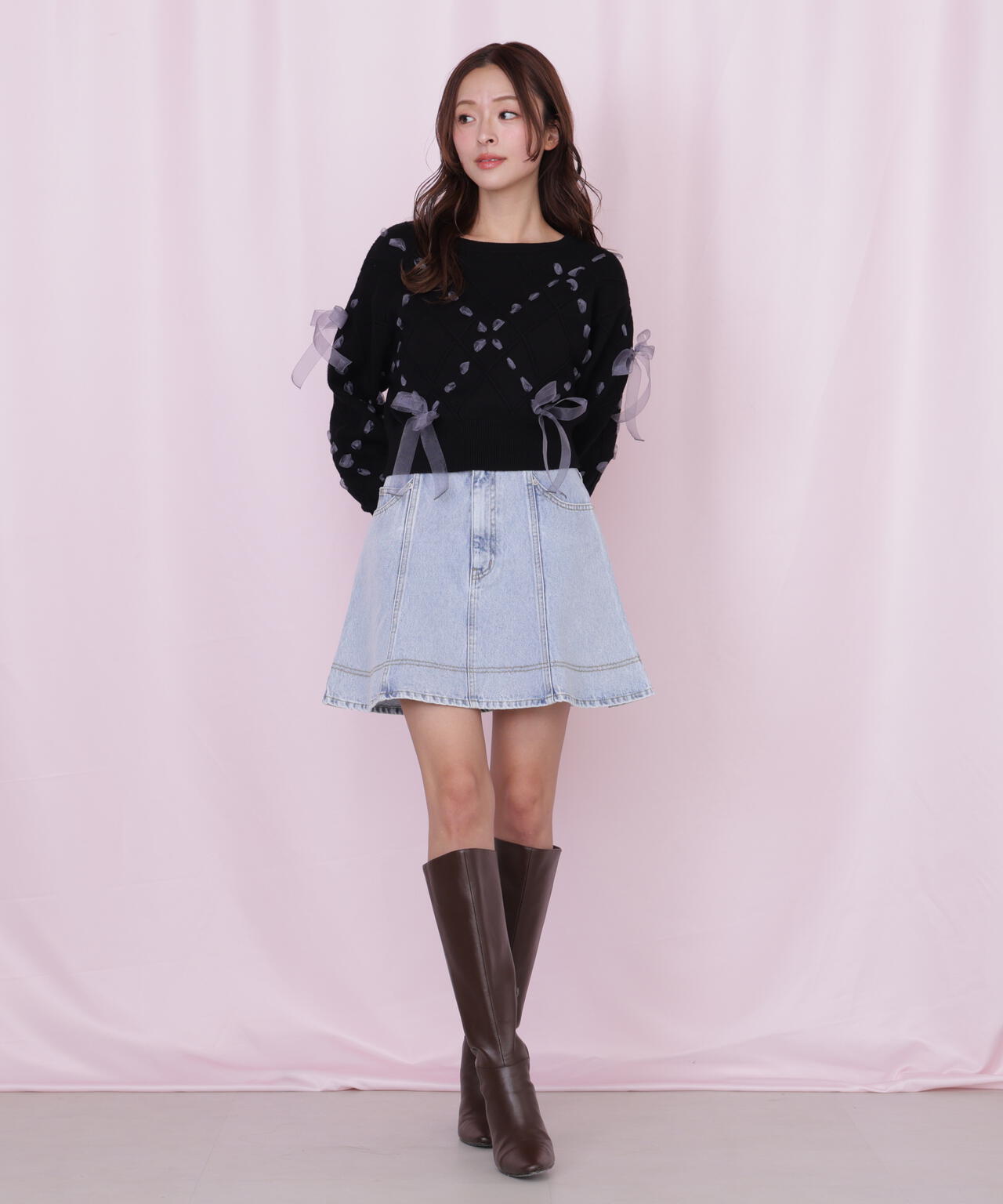 ダイヤ柄リボンニット