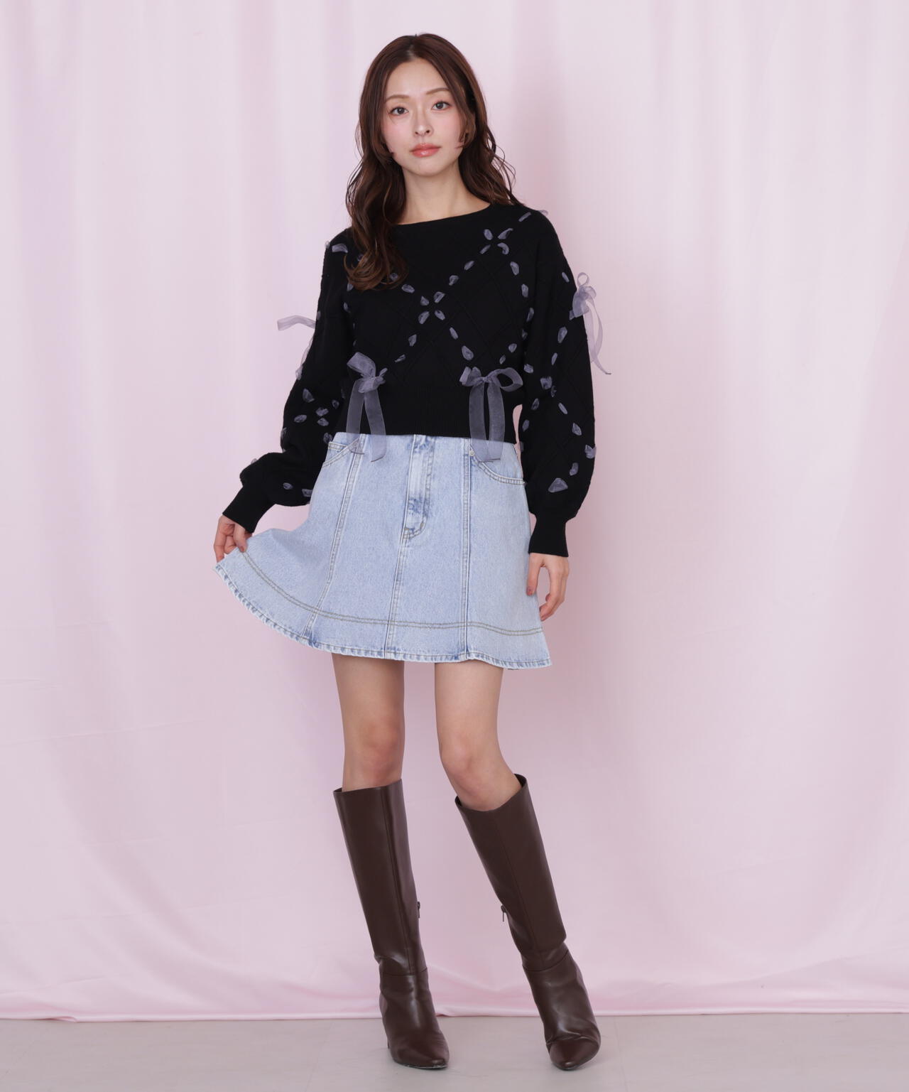 ダイヤ柄リボンニット