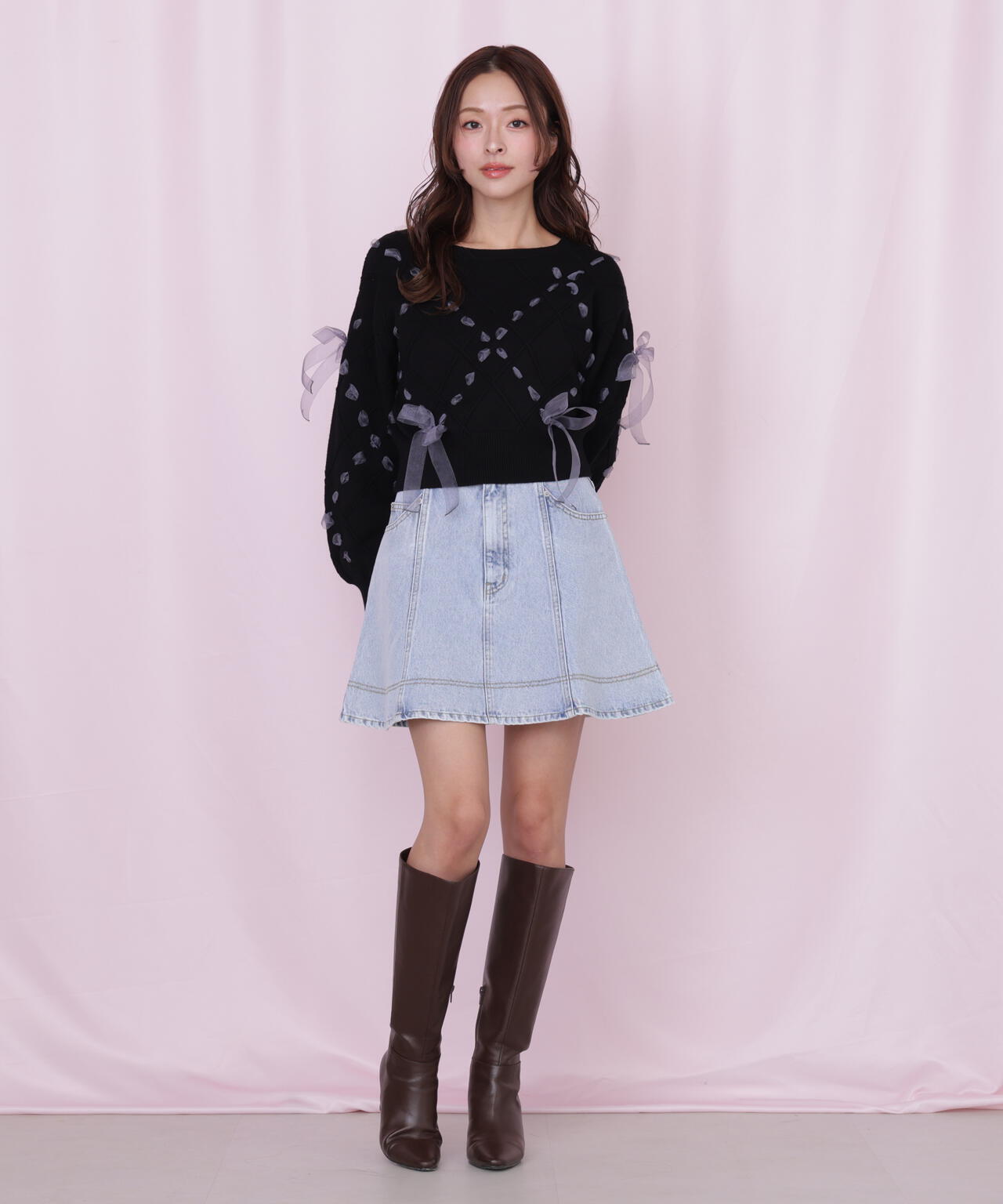 ダイヤ柄リボンニット