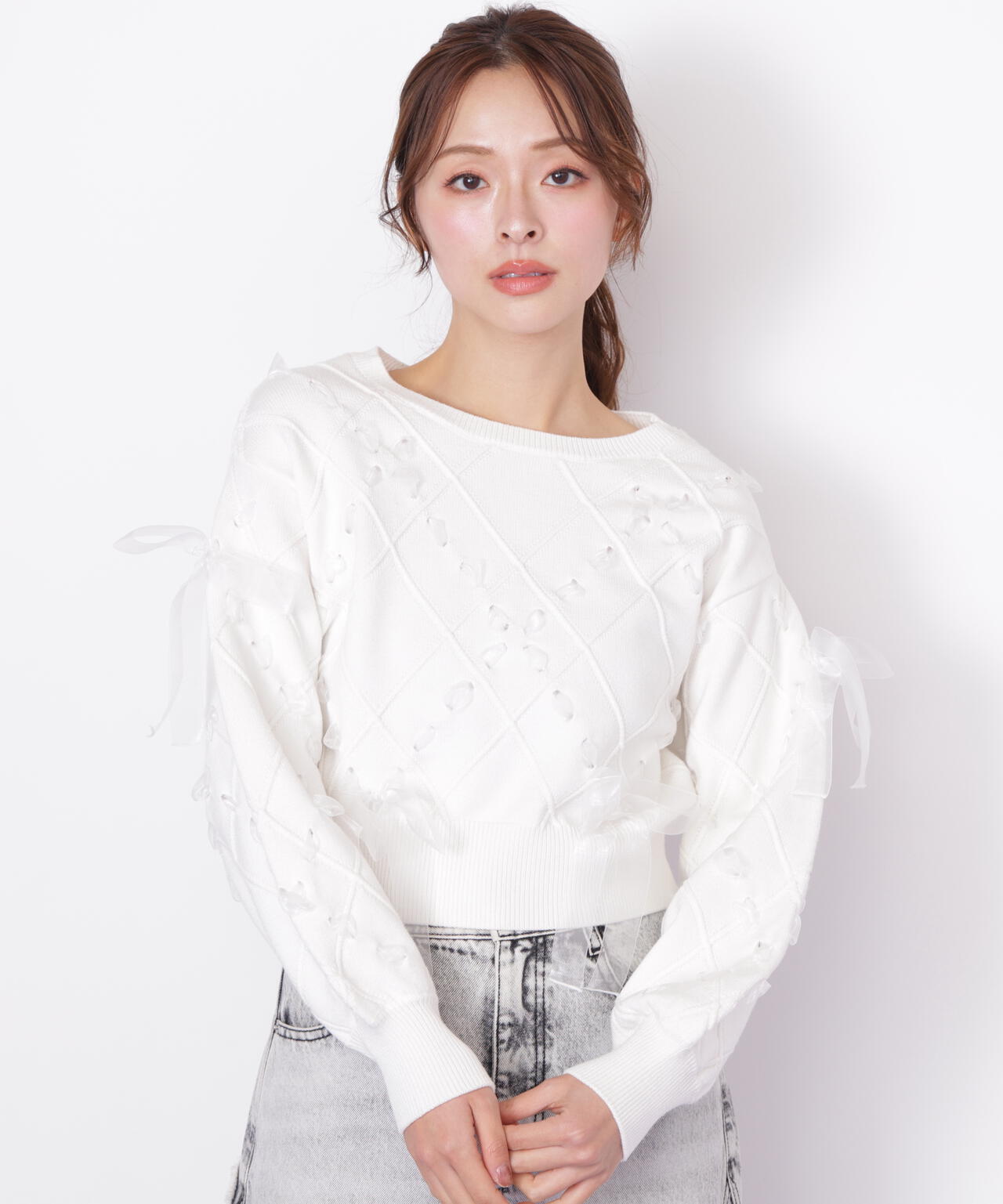 ダイヤ柄リボンニット