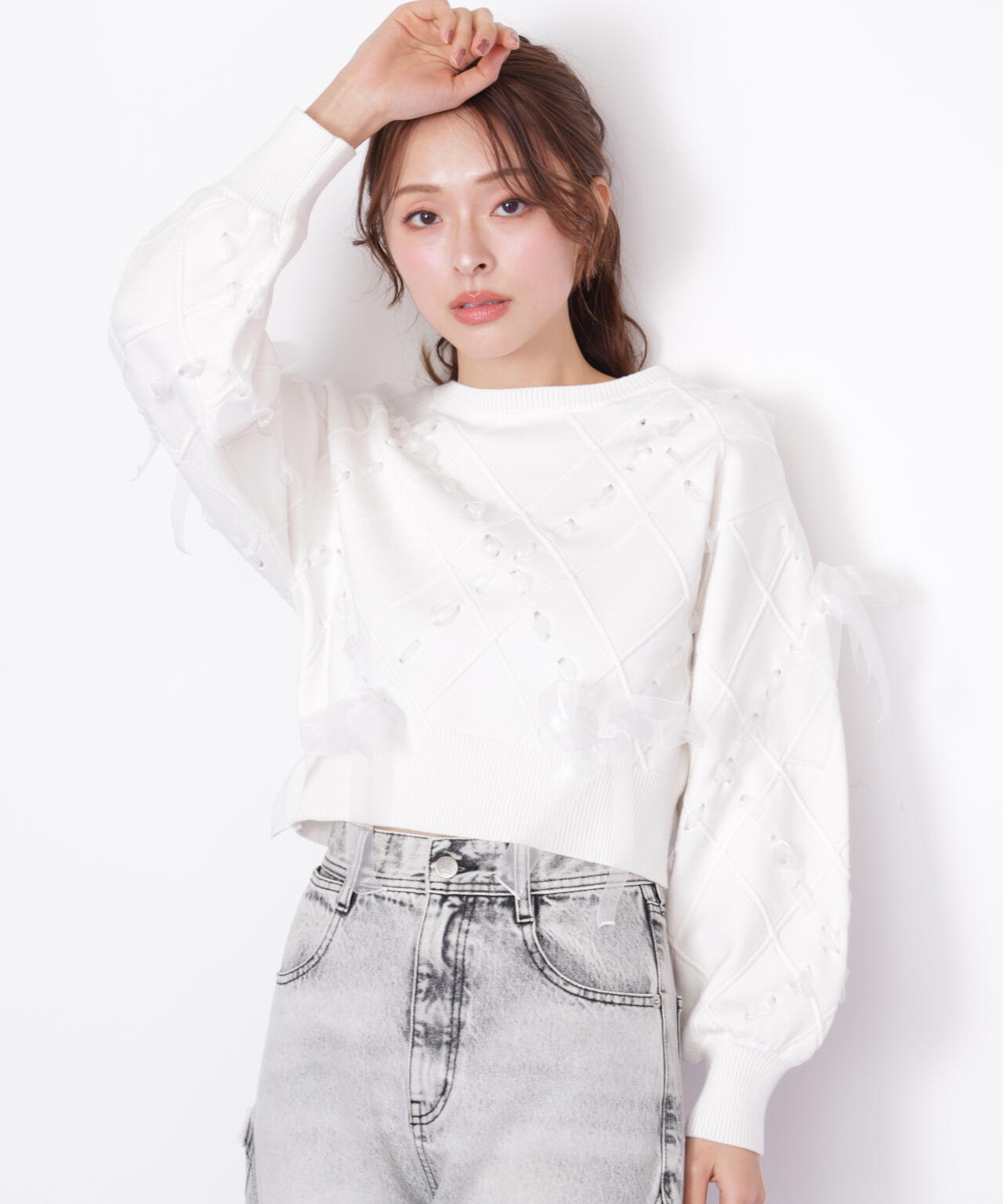 ダイヤ柄リボンニット