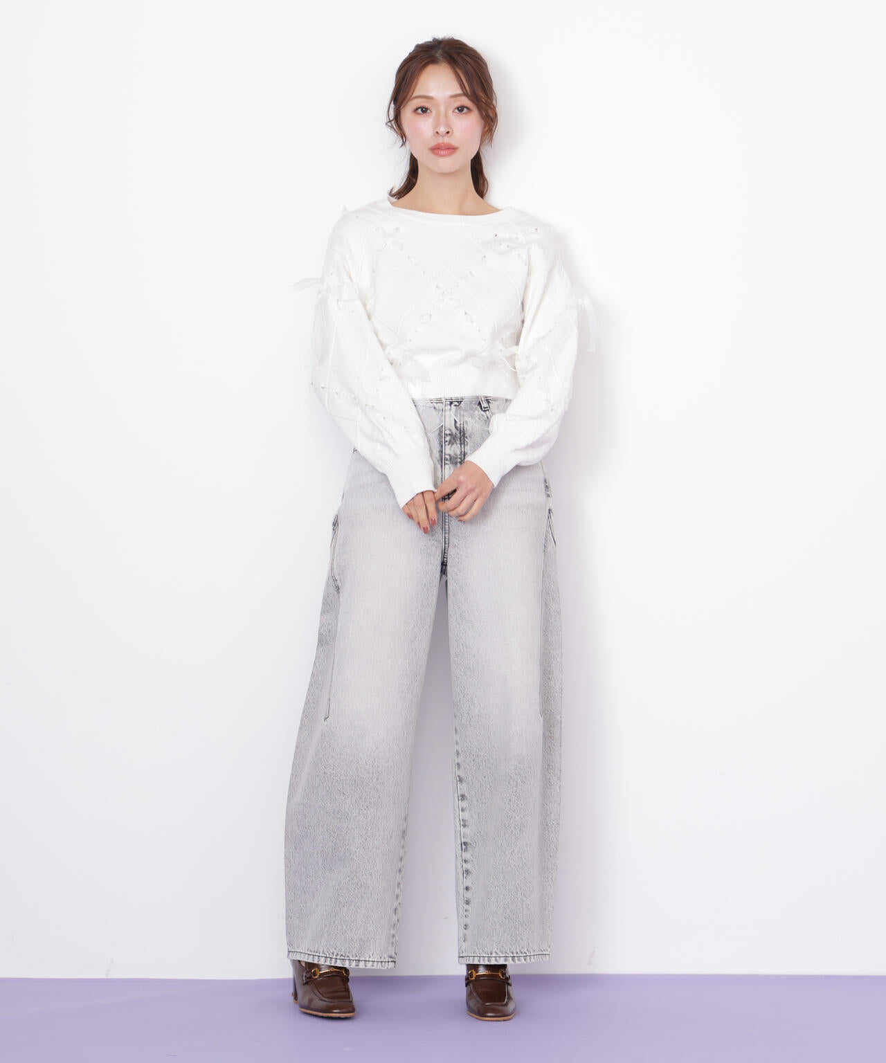 ダイヤ柄リボンニット