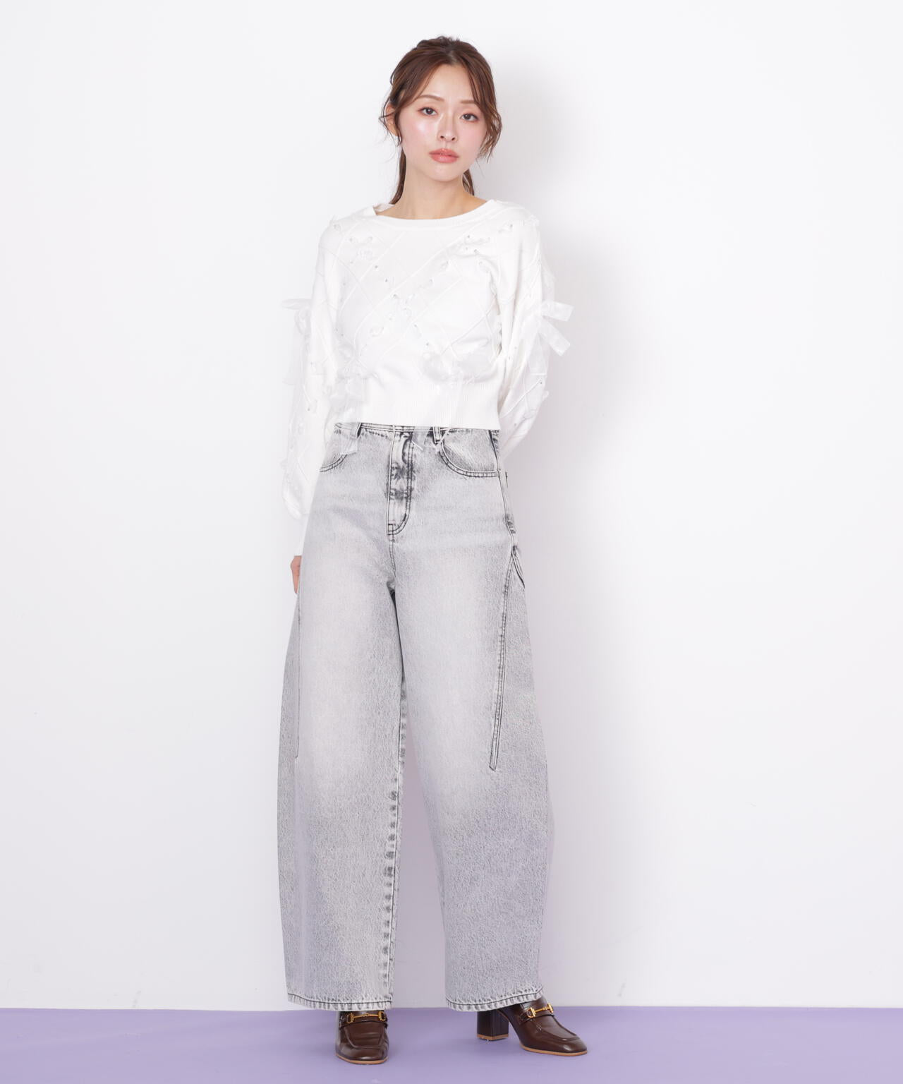 ダイヤ柄リボンニット