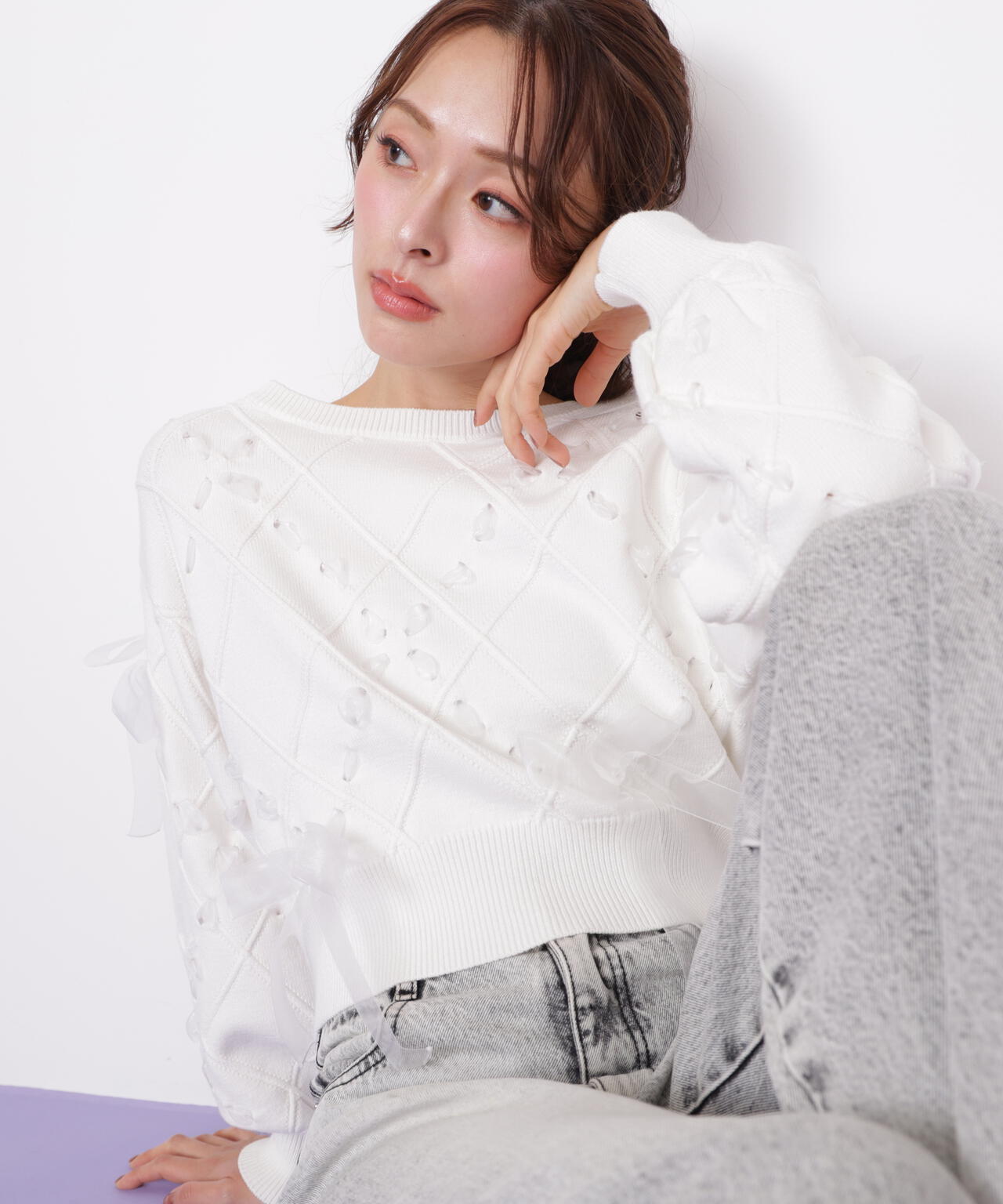 ダイヤ柄リボンニット