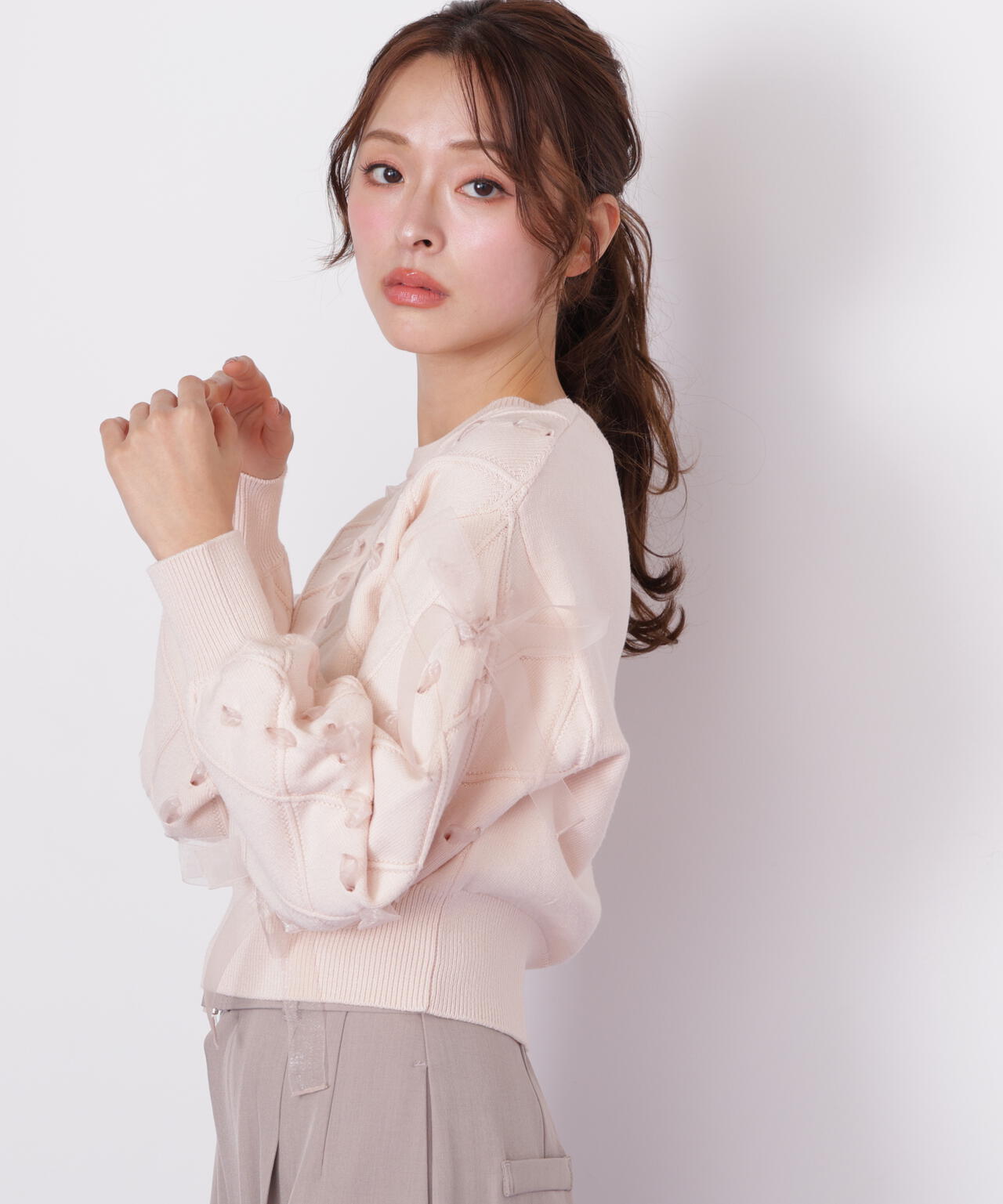 ダイヤ柄リボンニット