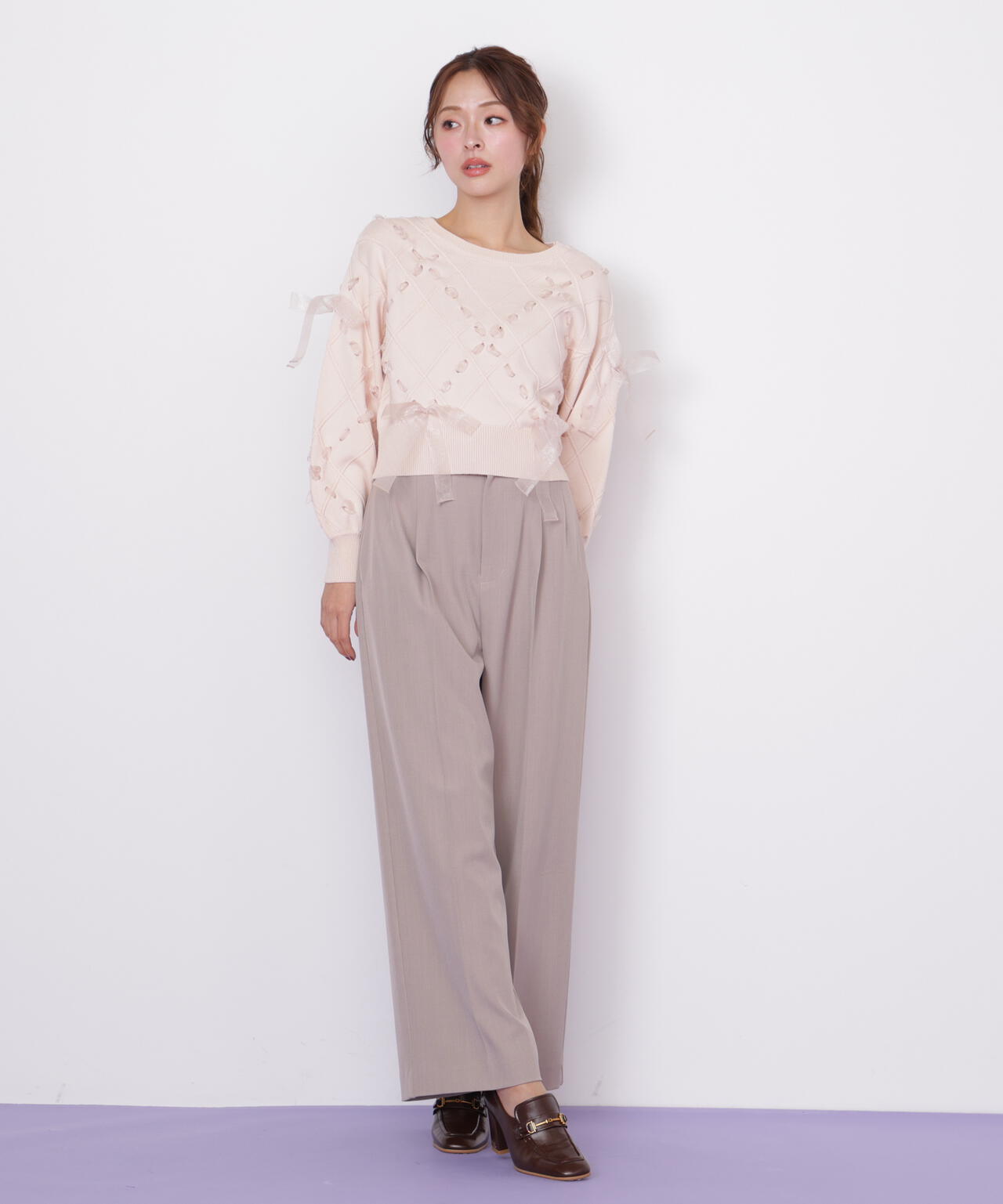 ダイヤ柄リボンニット