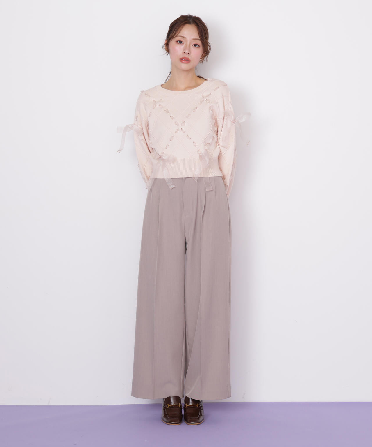 ダイヤ柄リボンニット