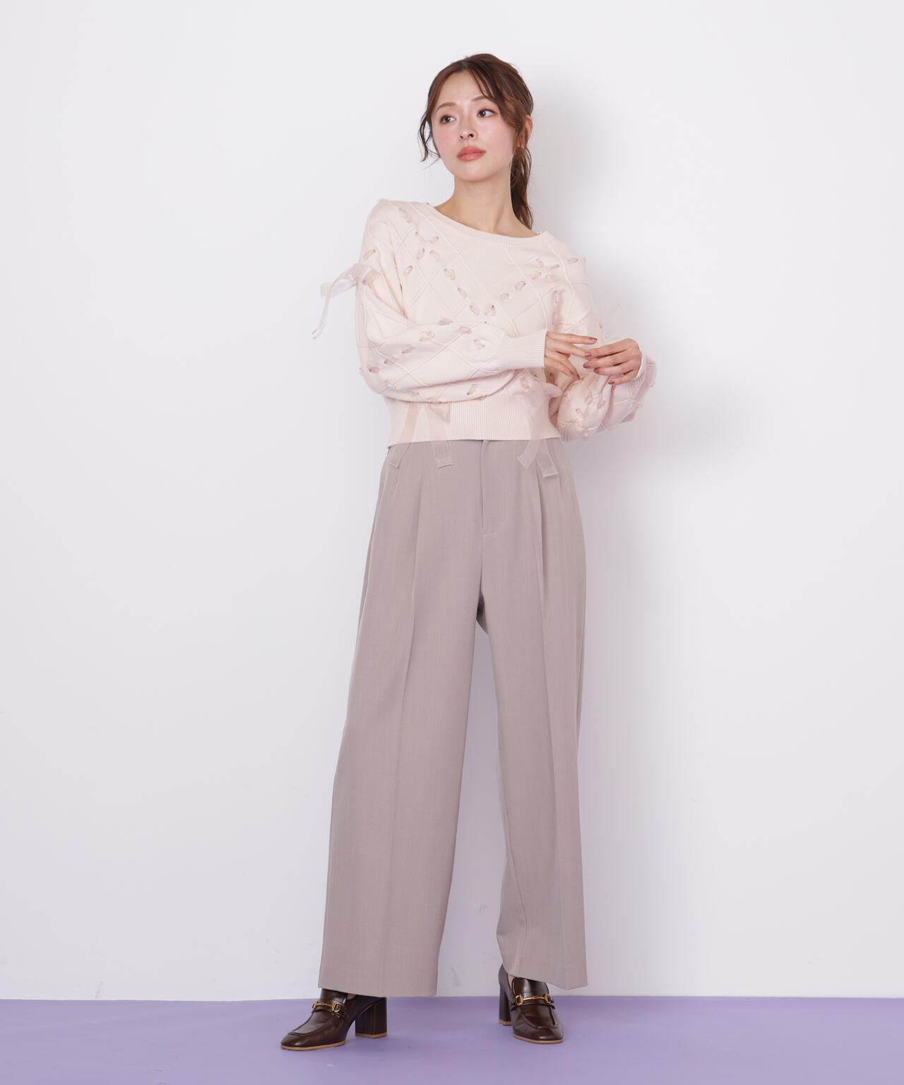 ダイヤ柄リボンニット