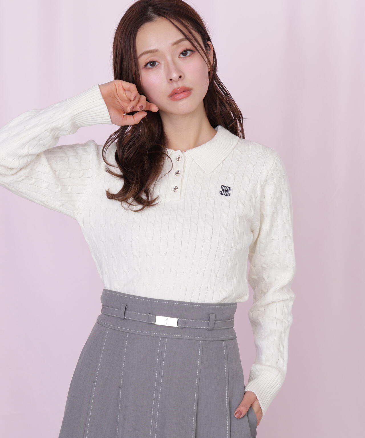 ポロ衿コットンブレンドケーブルニット