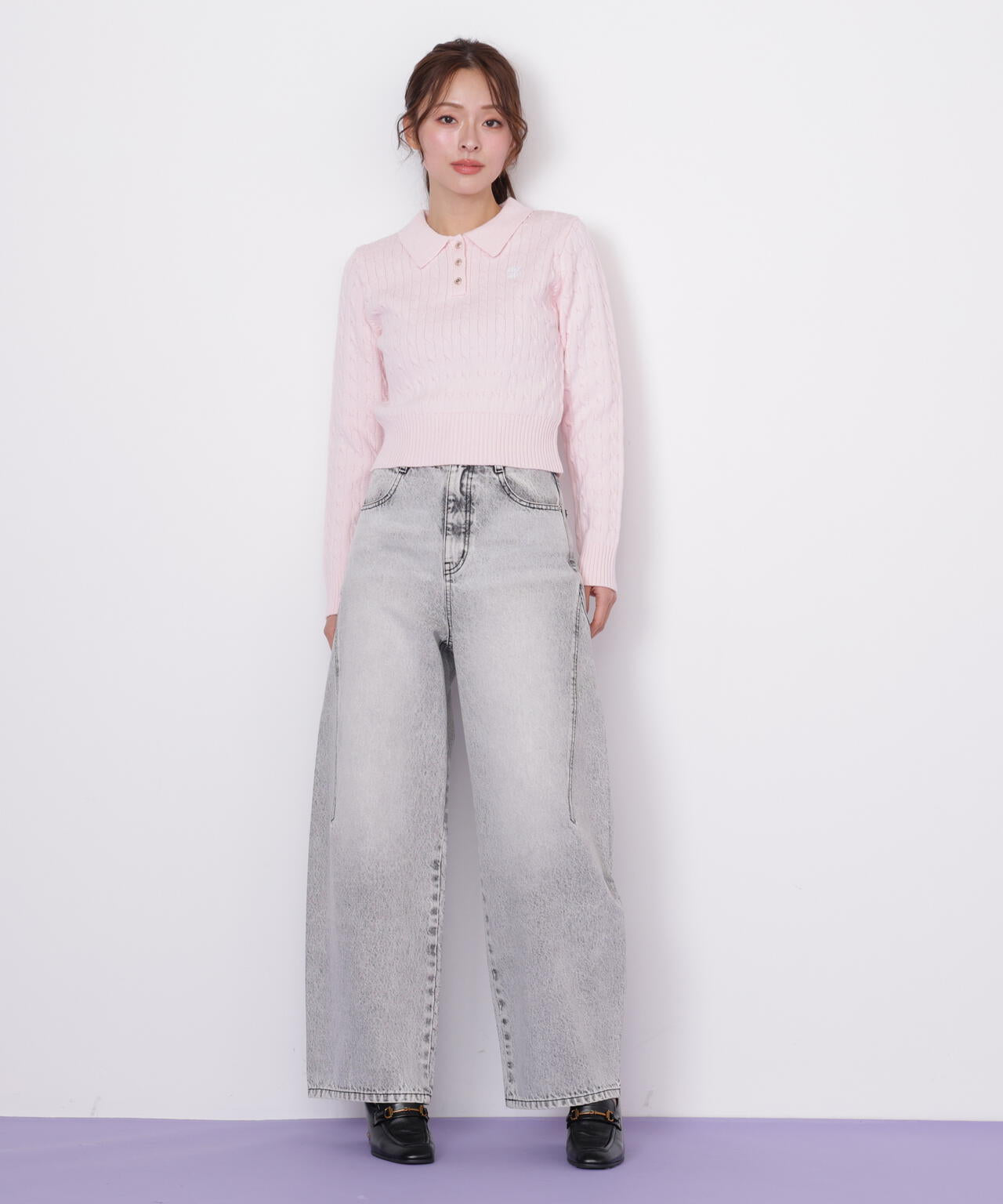 ポロ衿コットンブレンドケーブルニット