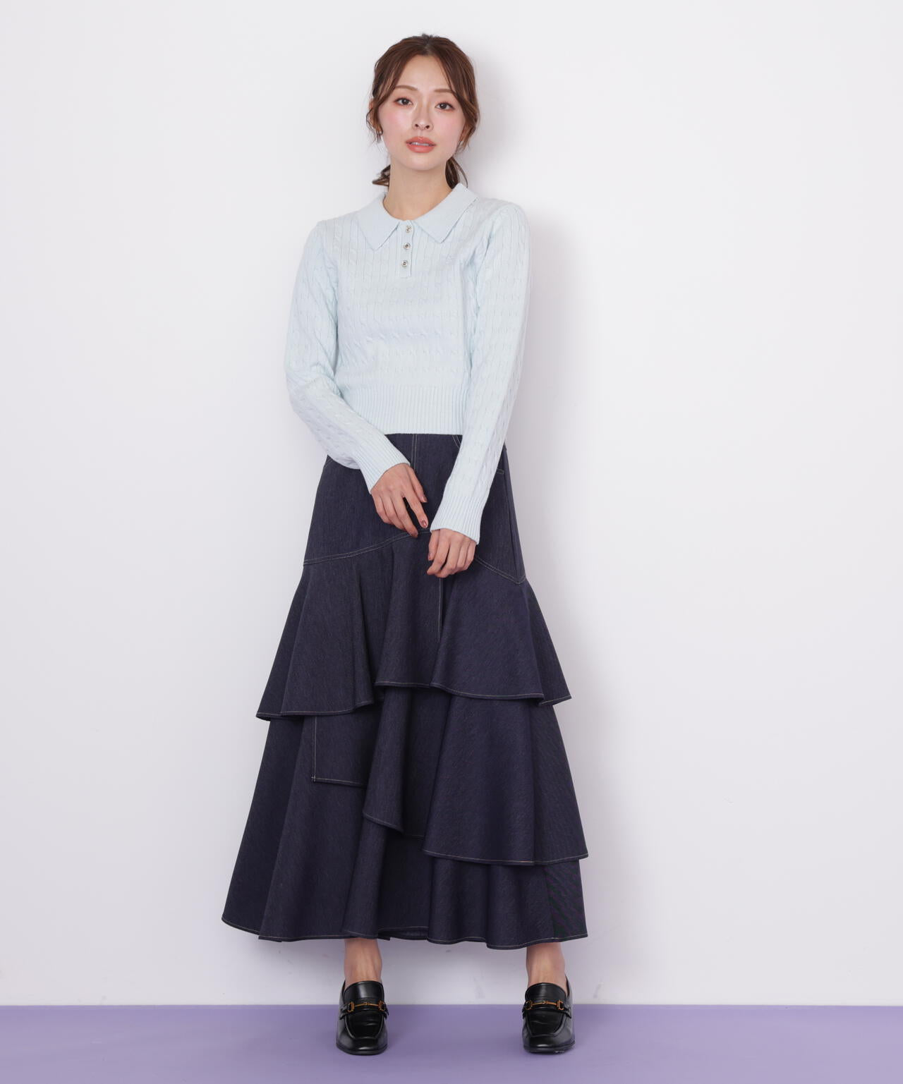 ポロ衿コットンブレンドケーブルニット