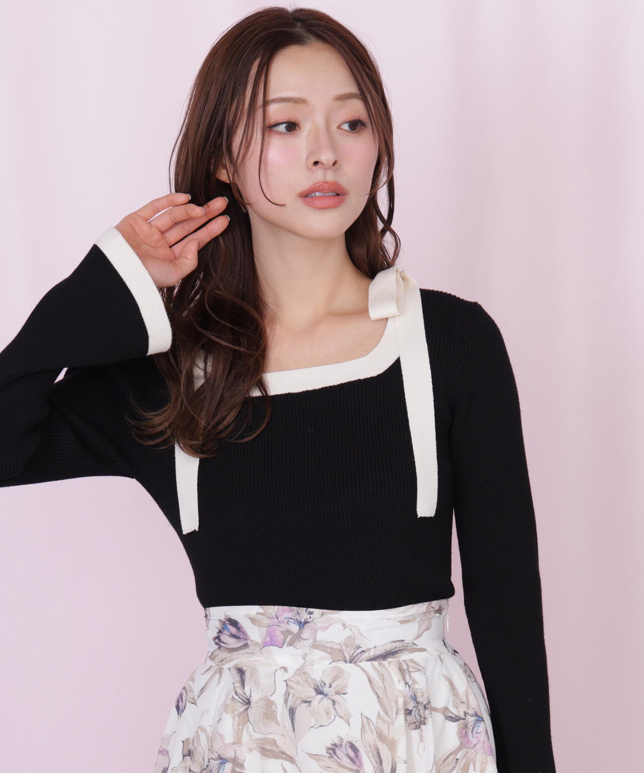 肩リボン配色ニット