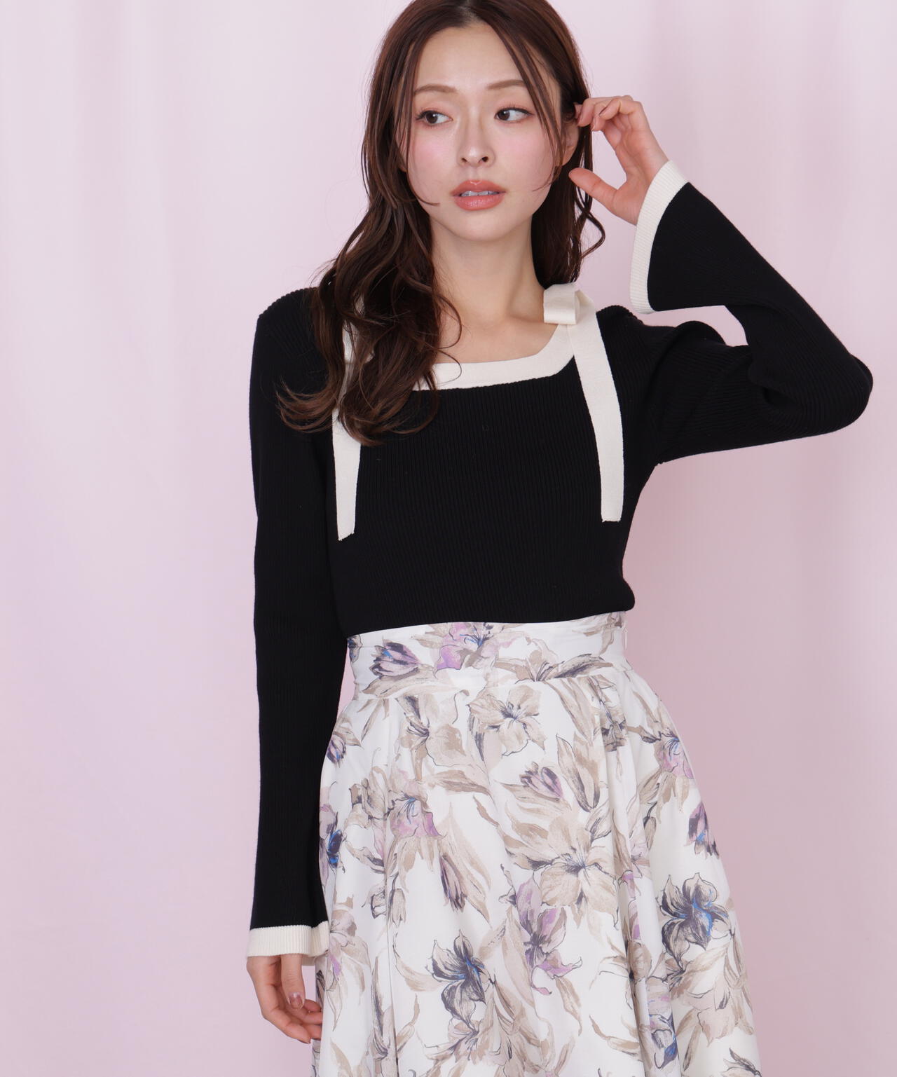 肩リボン配色ニット