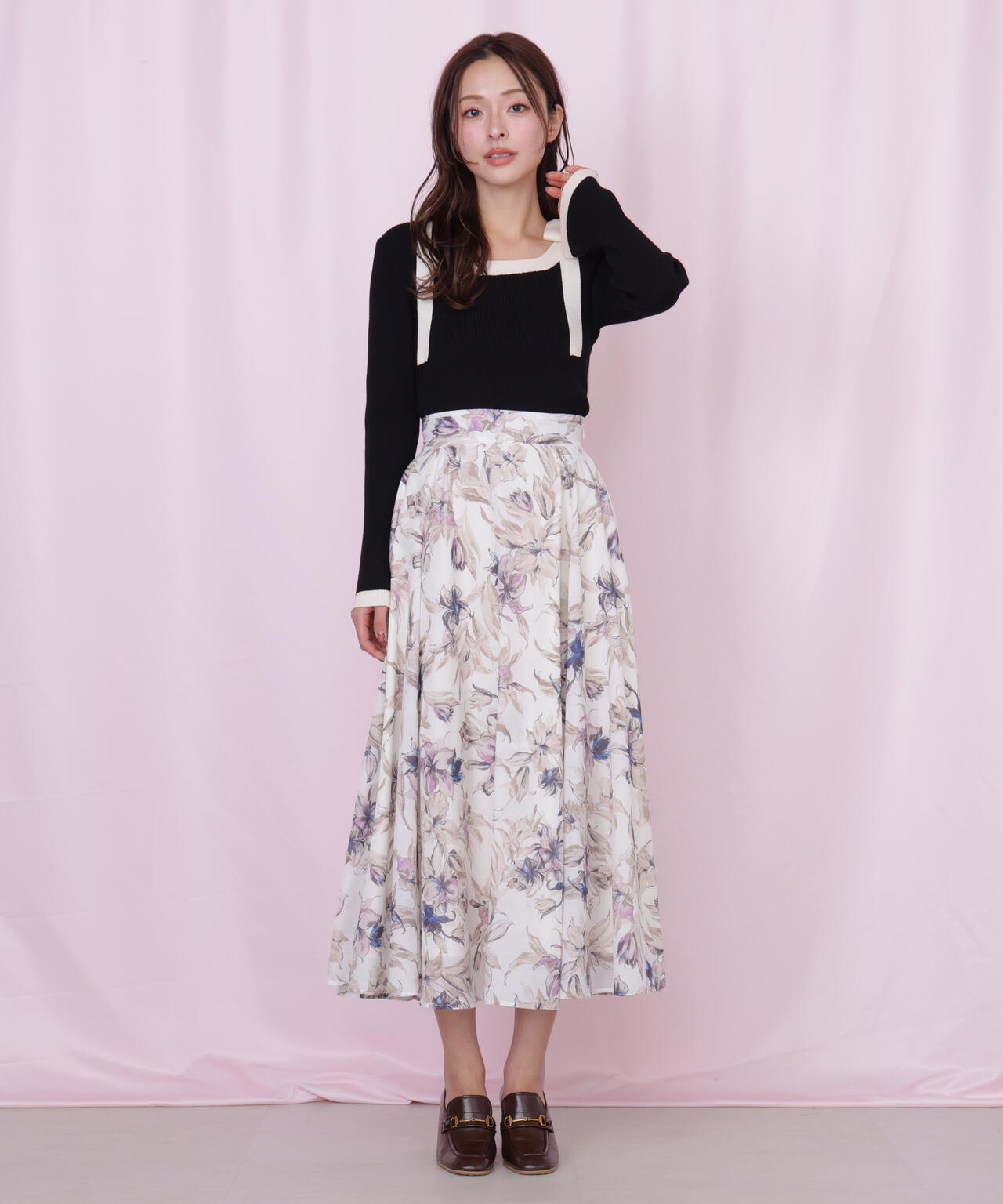 肩リボン配色ニット