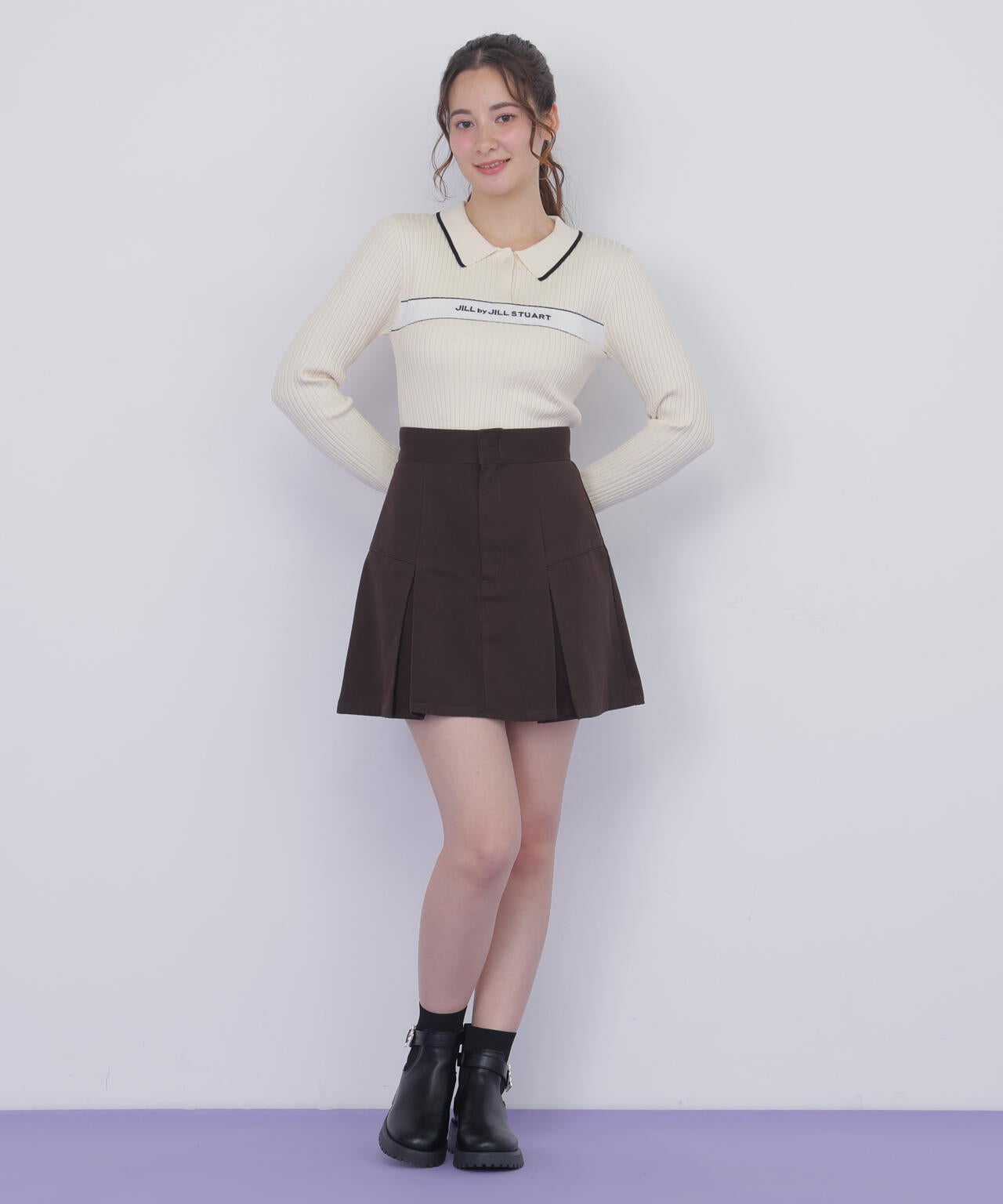 ポロ襟配色ラインリブニット