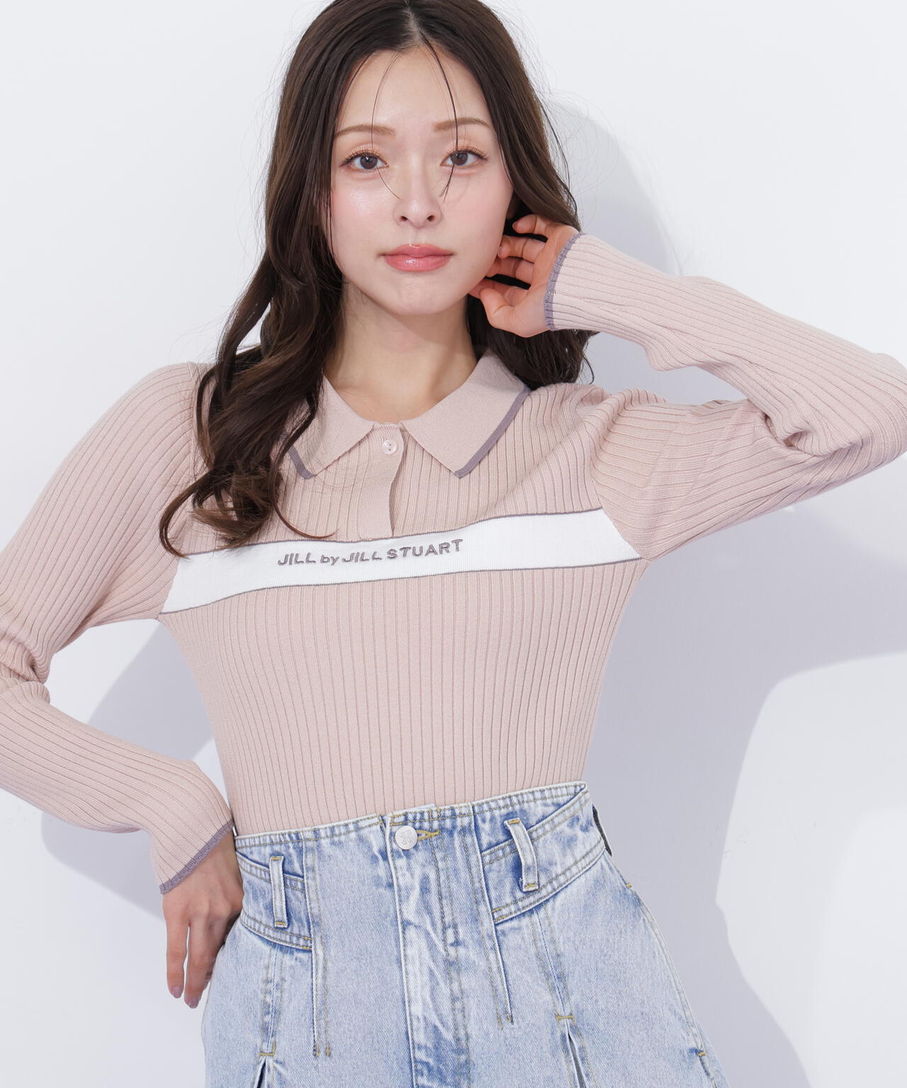 ポロ襟配色ラインリブニット