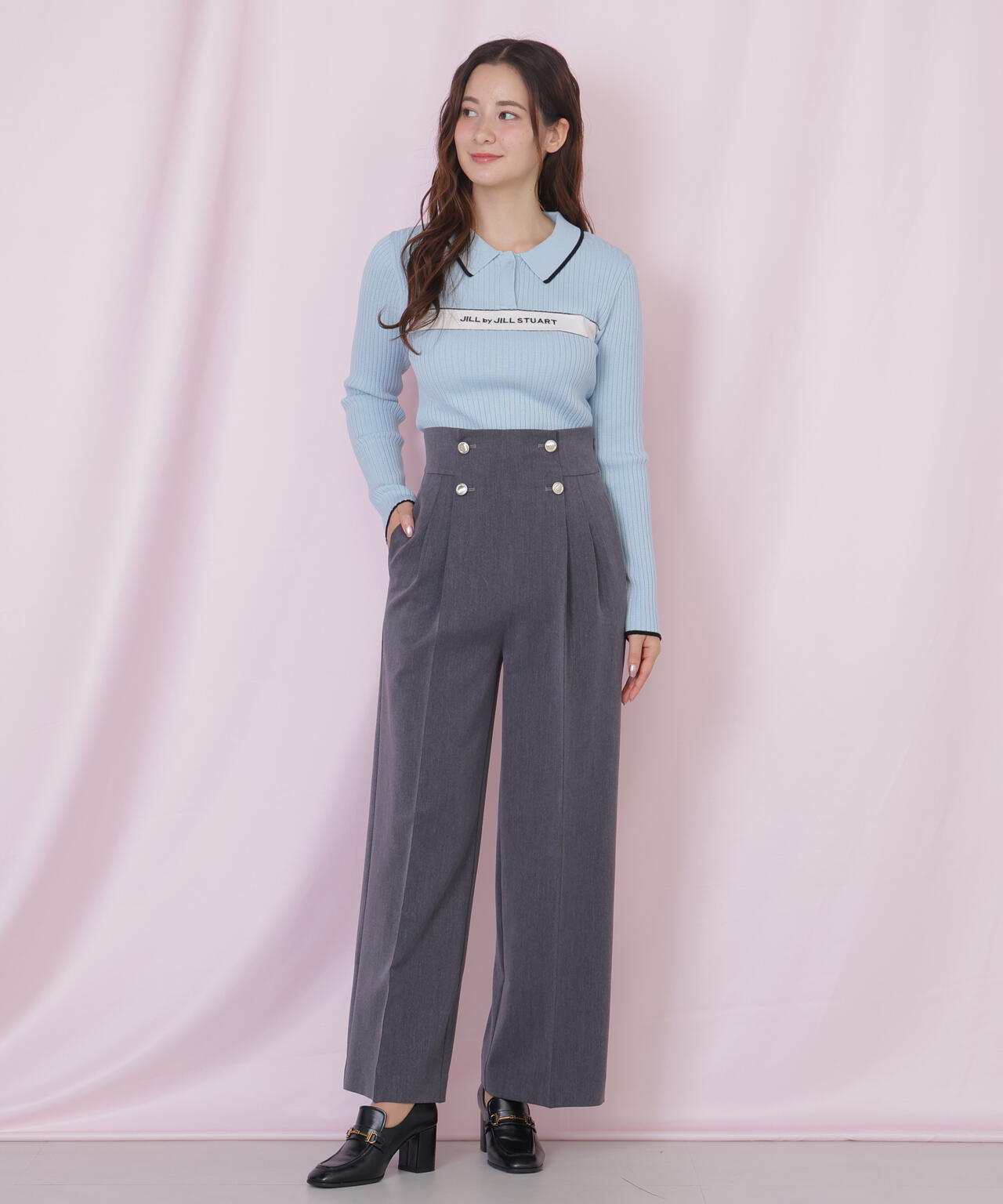 ポロ襟配色ラインリブニット