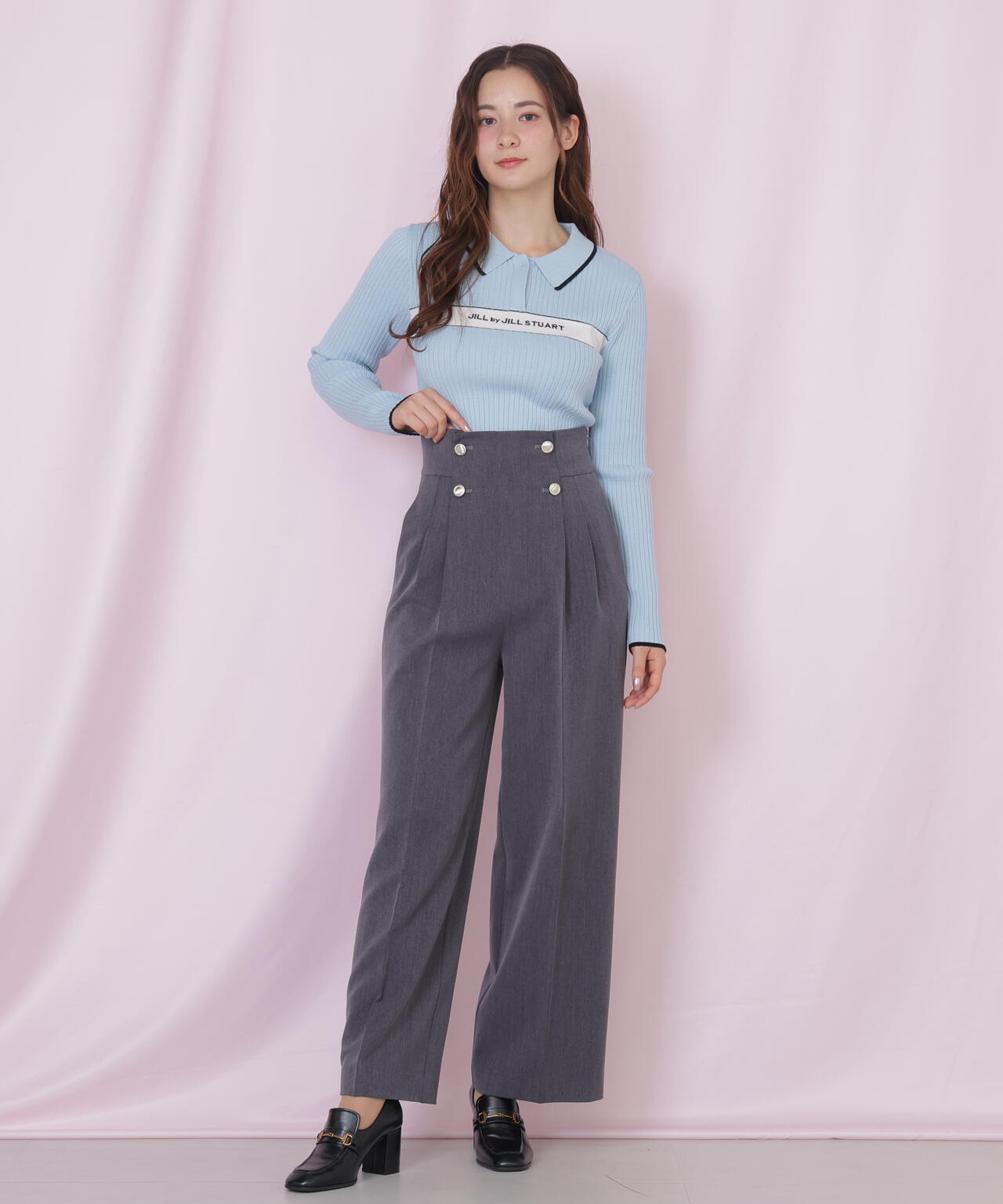 ポロ襟配色ラインリブニット