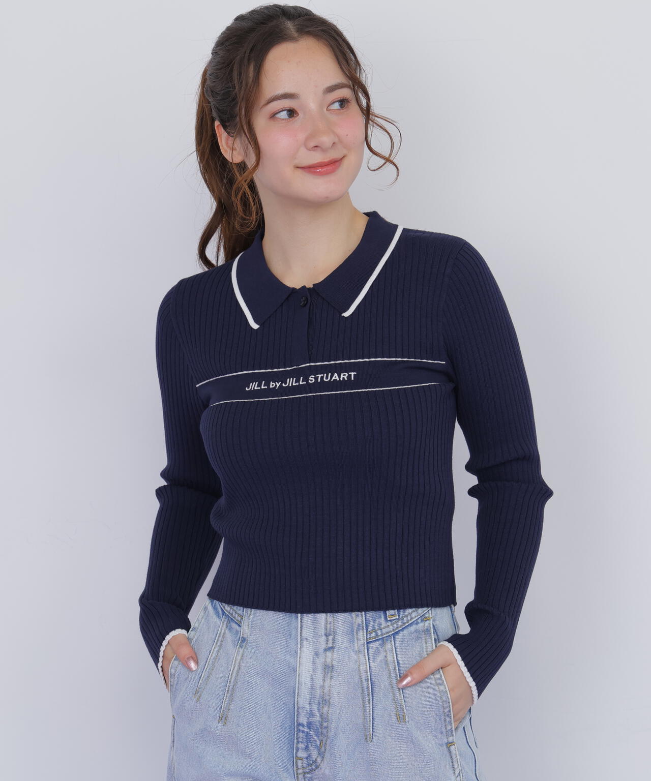 ポロ襟配色ラインリブニット