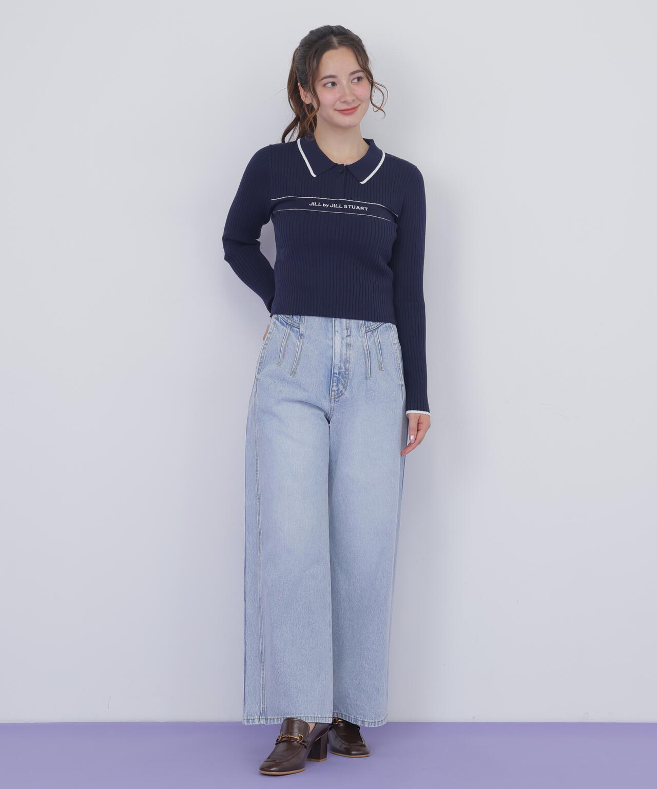 ポロ襟配色ラインリブニット