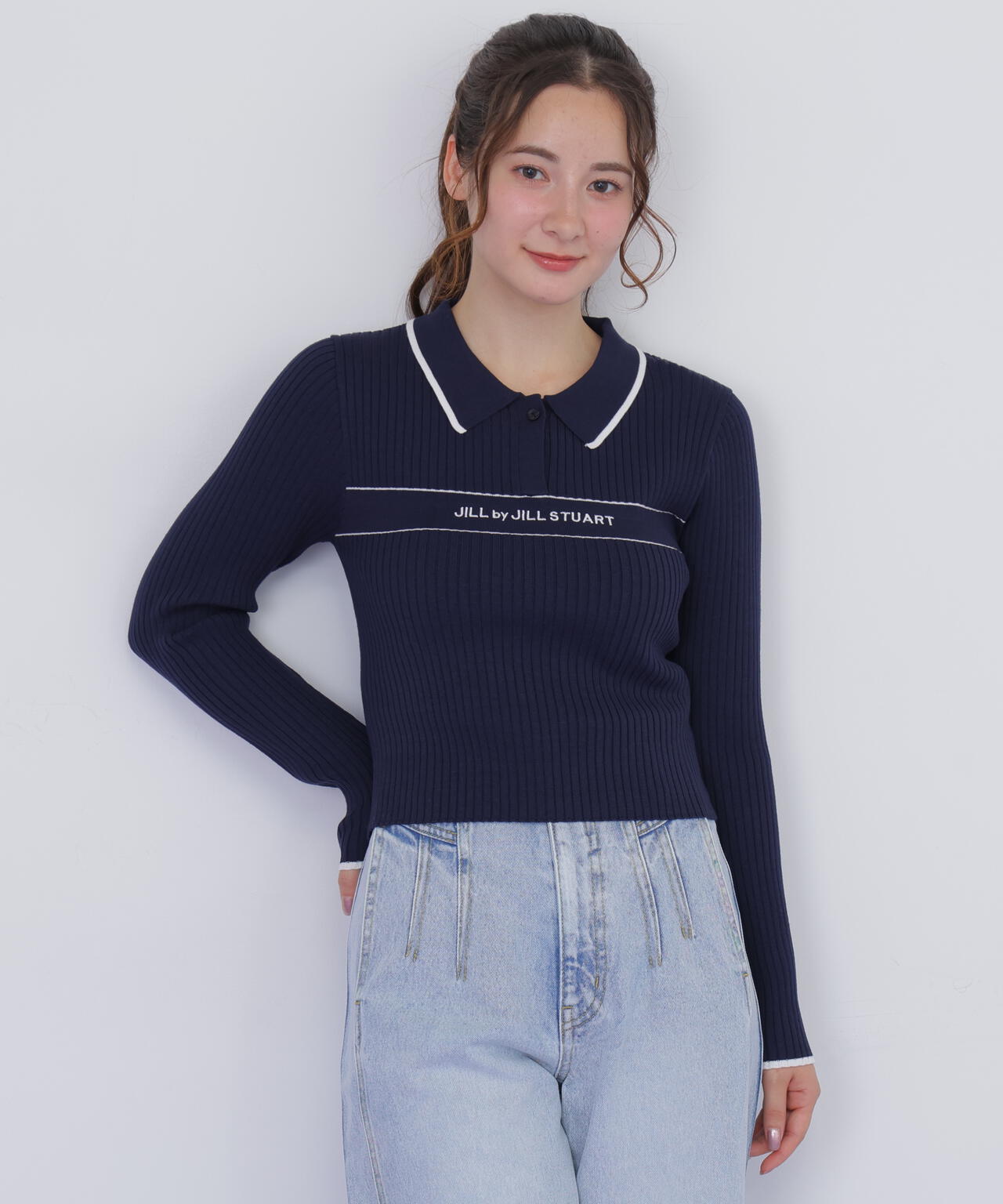 ポロ襟配色ラインリブニット