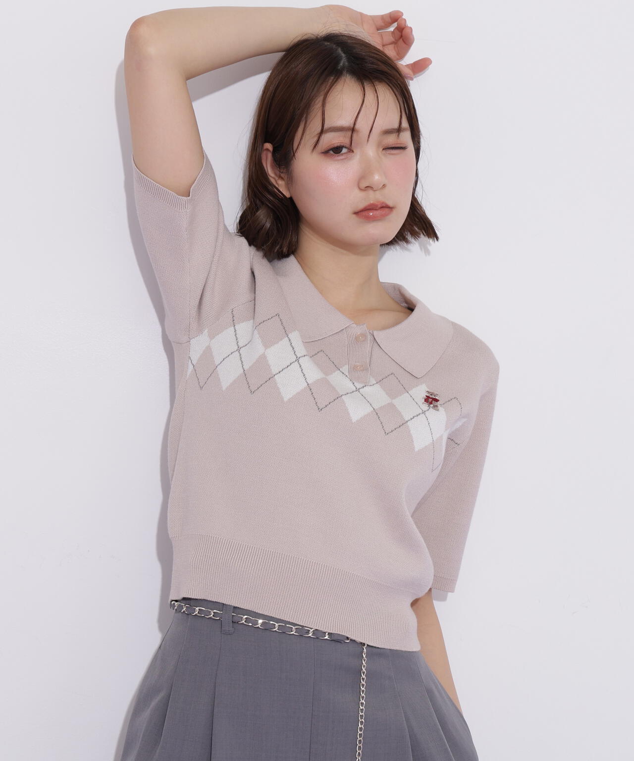 <BEARシリーズ>ポロ襟アーガイルニット