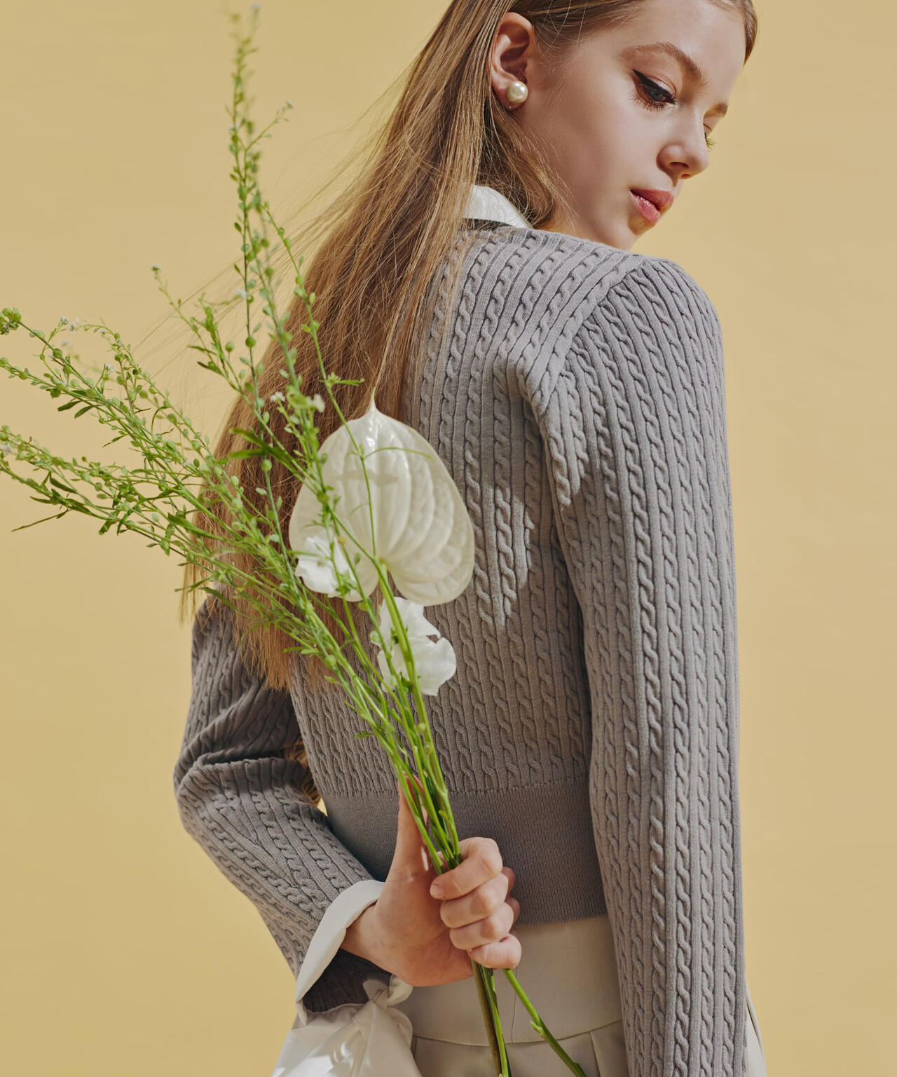 袖リボンケーブルカーディガン