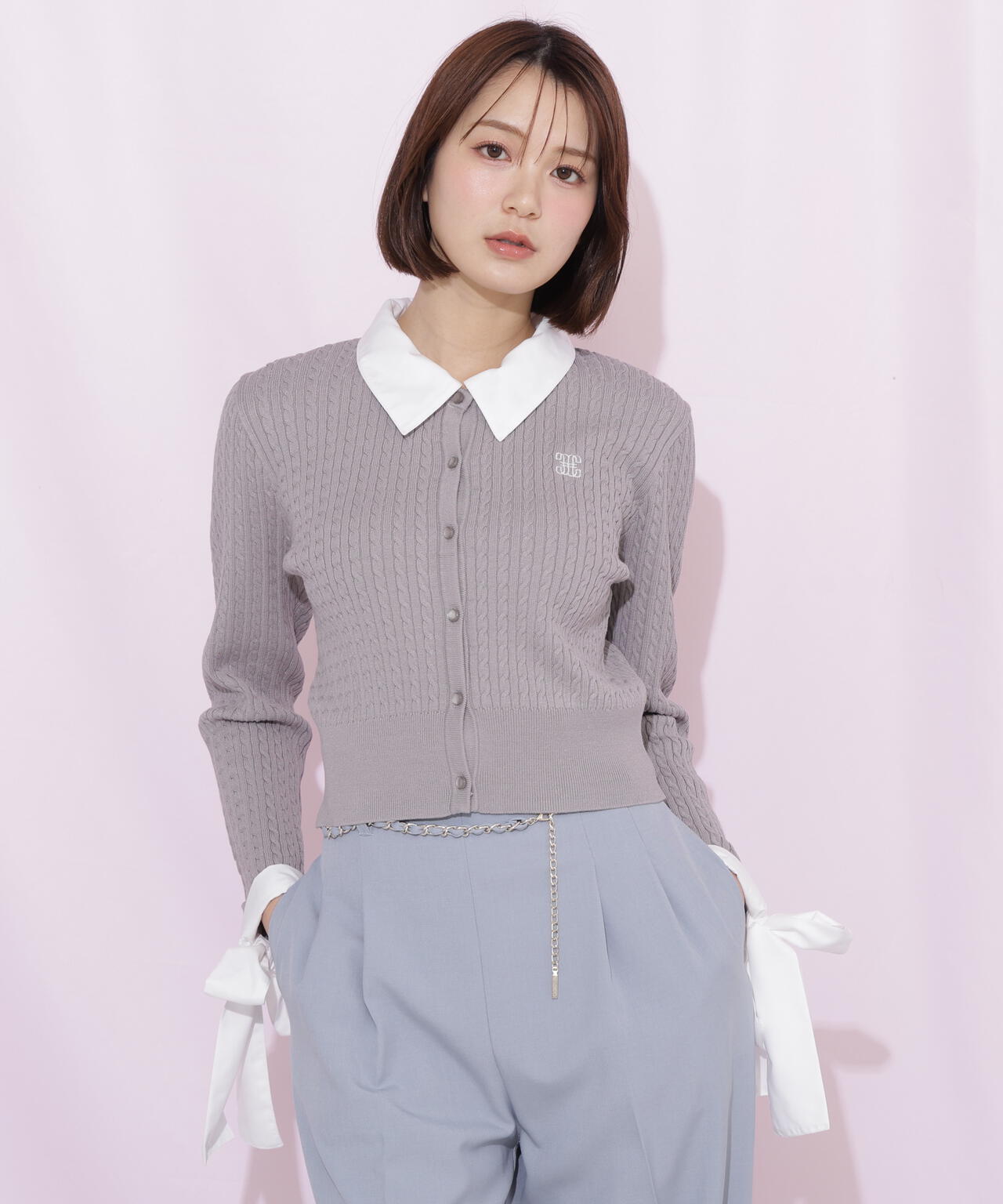 袖リボンケーブルカーディガン