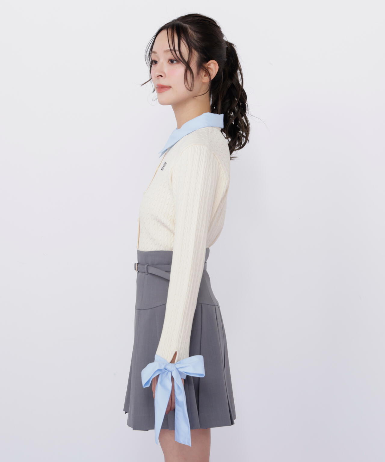 袖リボンケーブルカーディガン