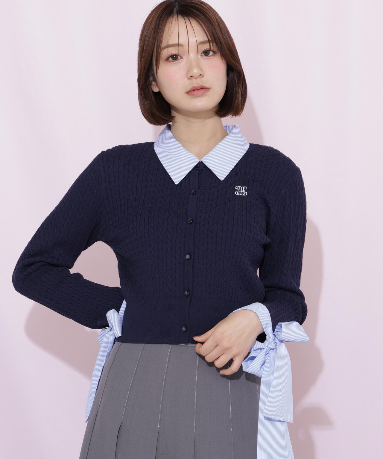 袖リボンケーブルカーディガン