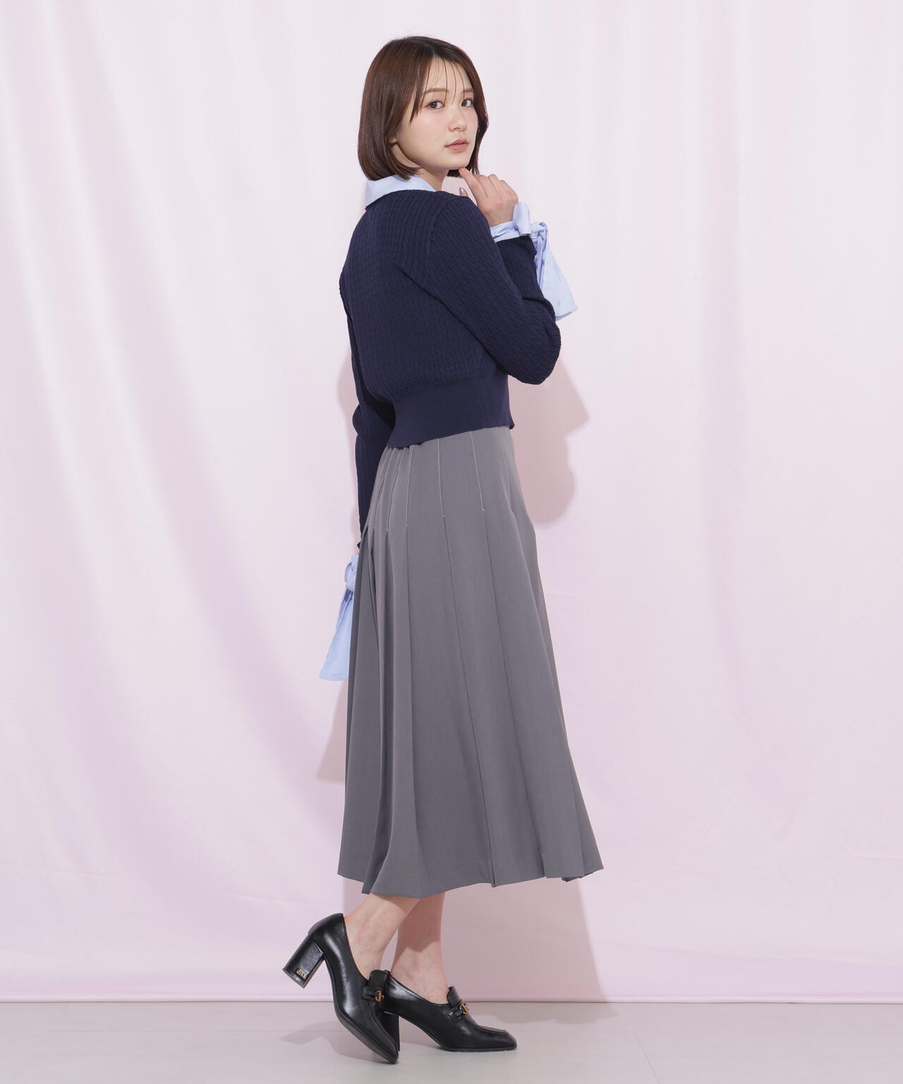 袖リボンケーブルカーディガン