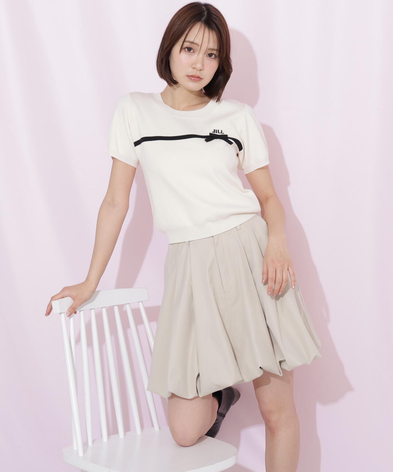 ラインリボン半袖ニット