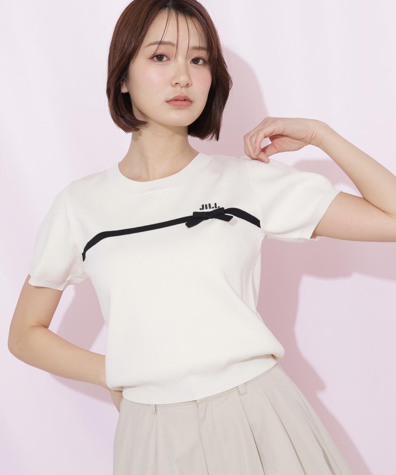 ラインリボン半袖ニット